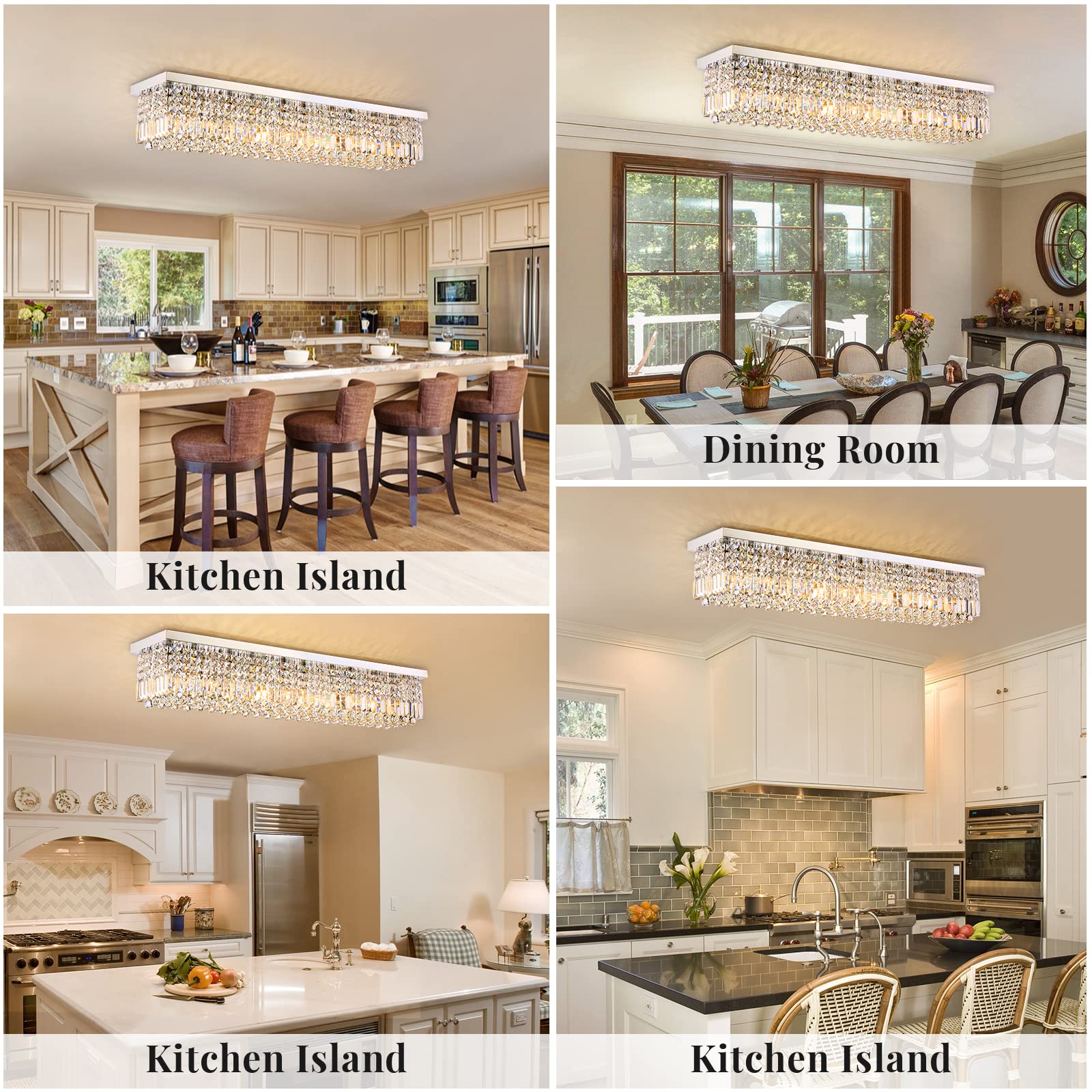 Siljoy Crystal Chandelier 10-Lights Rectangular Flush Mount Fixture L47" x W10" Chrome Model HLC037 for Dining Room, Living Room, Kitchen