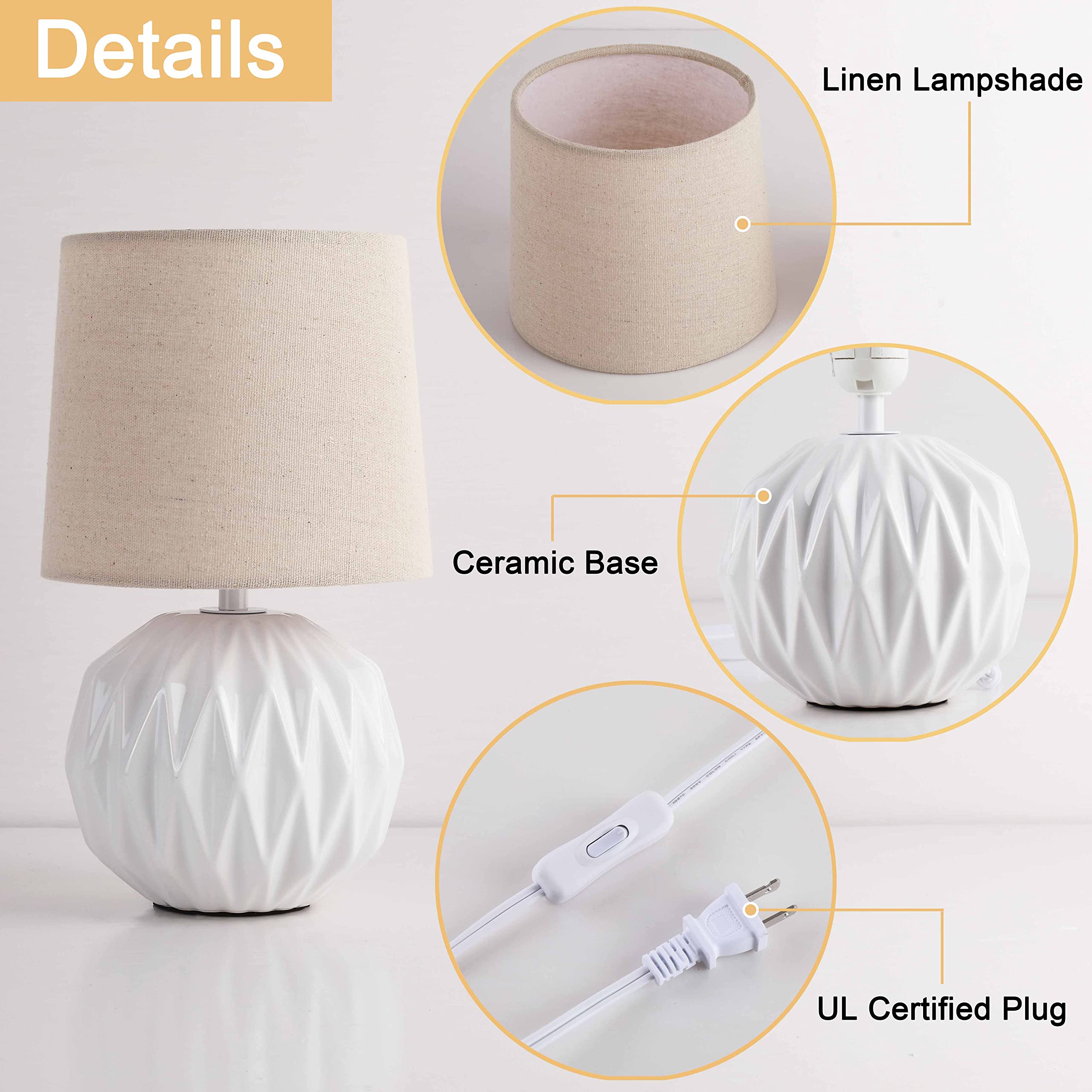 Somniferous Ceramic Bedroom Table Lamps Set Of 2, Small Bedside Lamp, White Lamp With Linen Shade, Mid Century Modern Nightstand Lamp For Bedroom Living Room Office