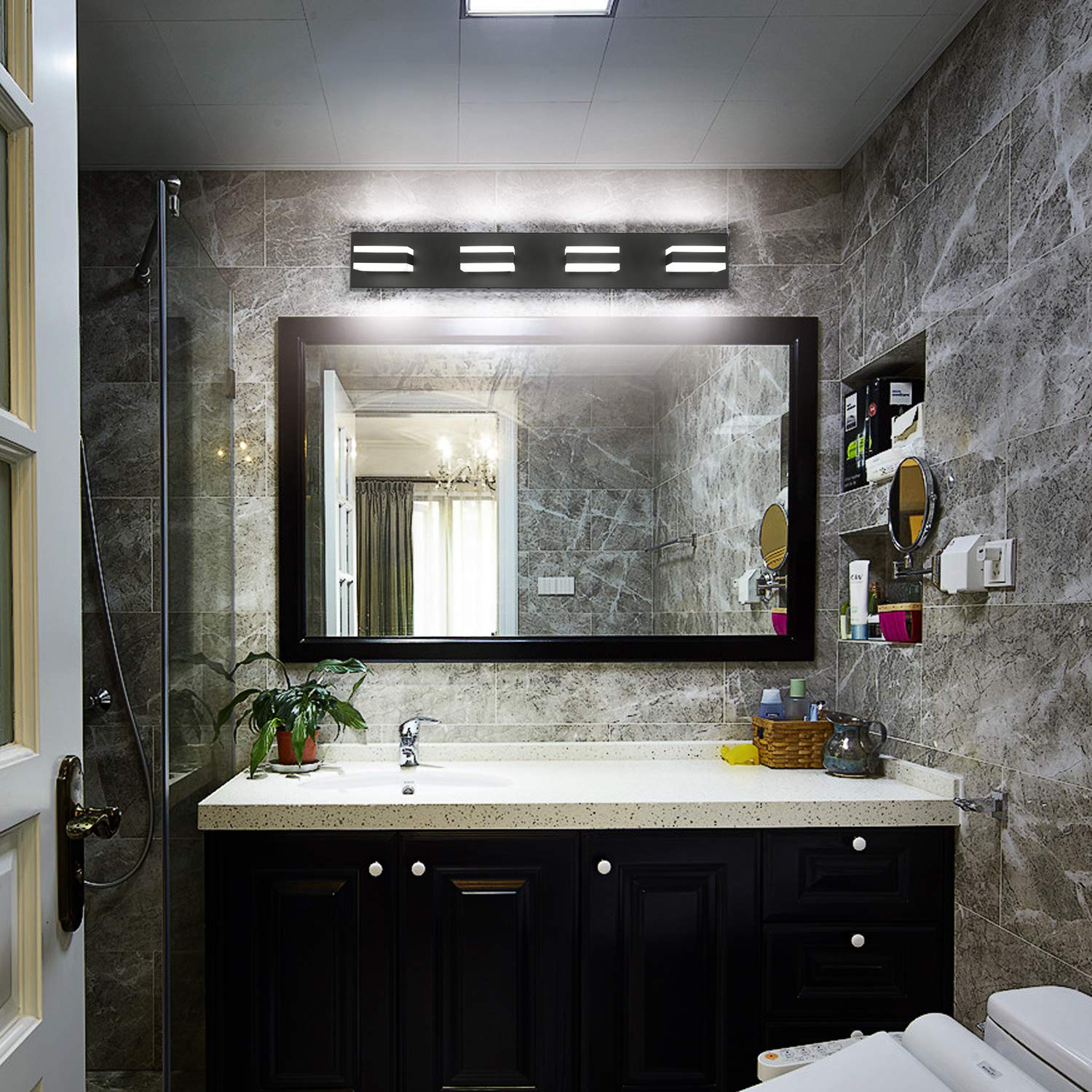 SOLFART Modern LED Bathroom Vanity Lights, 29.5 Inch, 4 Lights, Acrylic Shade, Matt Black Finish, Model S8568-4T-6000K-ND