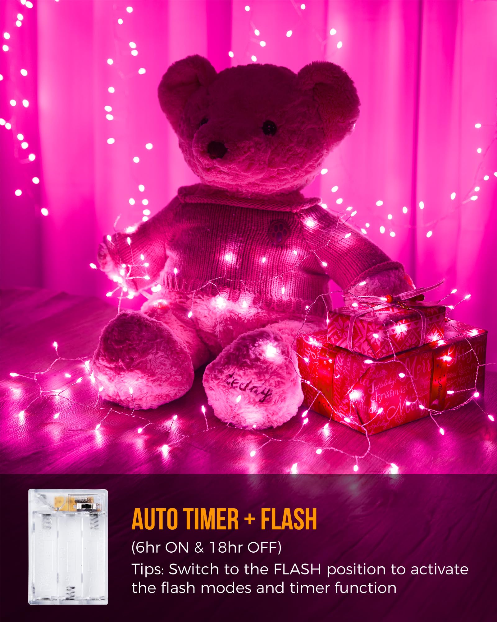 Brightown Battery Operated Fairy Lights, 10Feet 1201Leds Firecracker String Lights Waterproof Silver Wire Starry Firefly Lights For Diy Wreath Home Weeding Indoor Outdoor Christmas Decorations, Pink