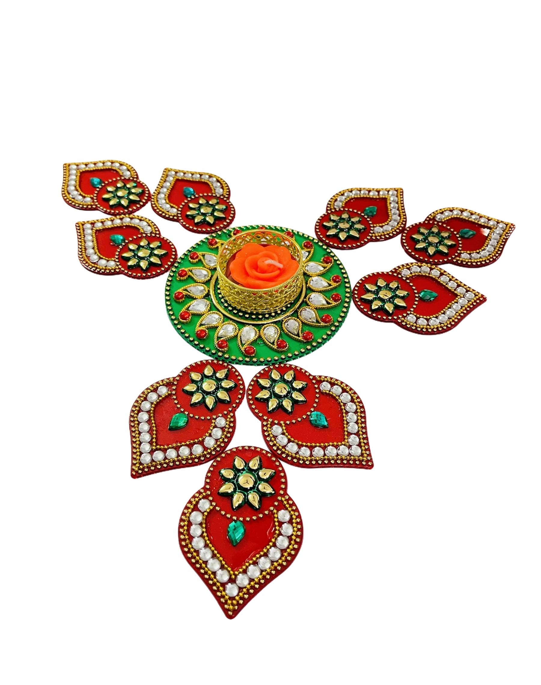 Moira Rangoli with Diya 11 pcs Set (Red & Green) 10-11 inch reusable