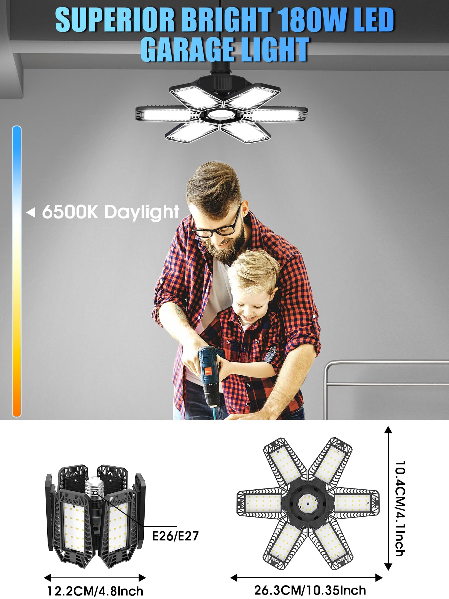 Hapylumi Led Garage Light 1 Pack - 180W 18000Lm Garage Lights Ceiling Led With 6 Adjustable Panels, 6500K Daylight Deformable Li