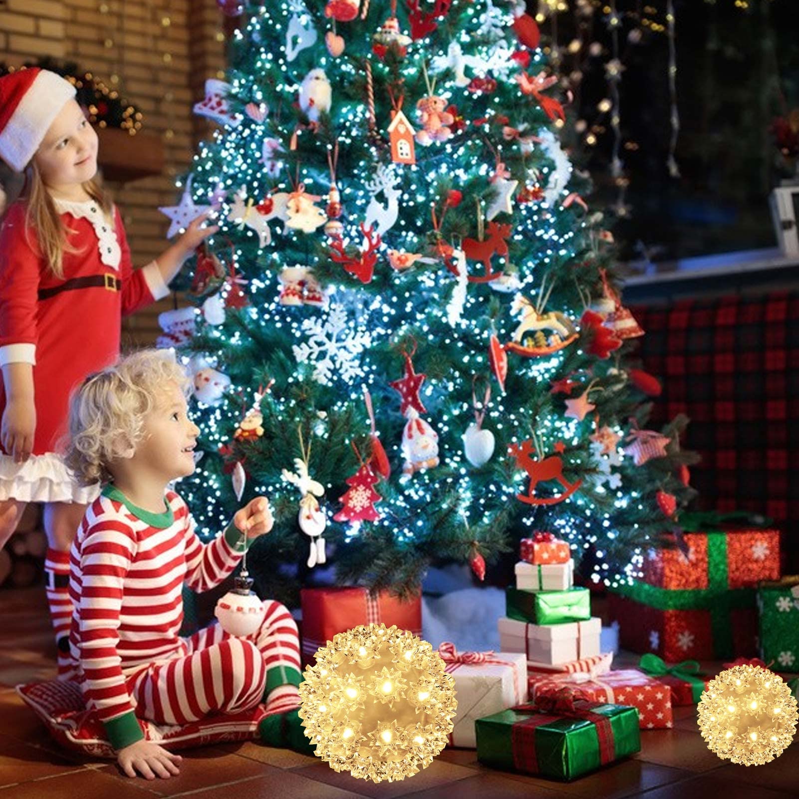 Christmas Lights Ball 5.5" Sparkling Outdoor Hanging Sphere Lights Twinkling Lights 50 Led Starlight Sphere Soft Twinke Christmas Sphere Lights For Tree Porch Decorations, Warm White - Twinkling