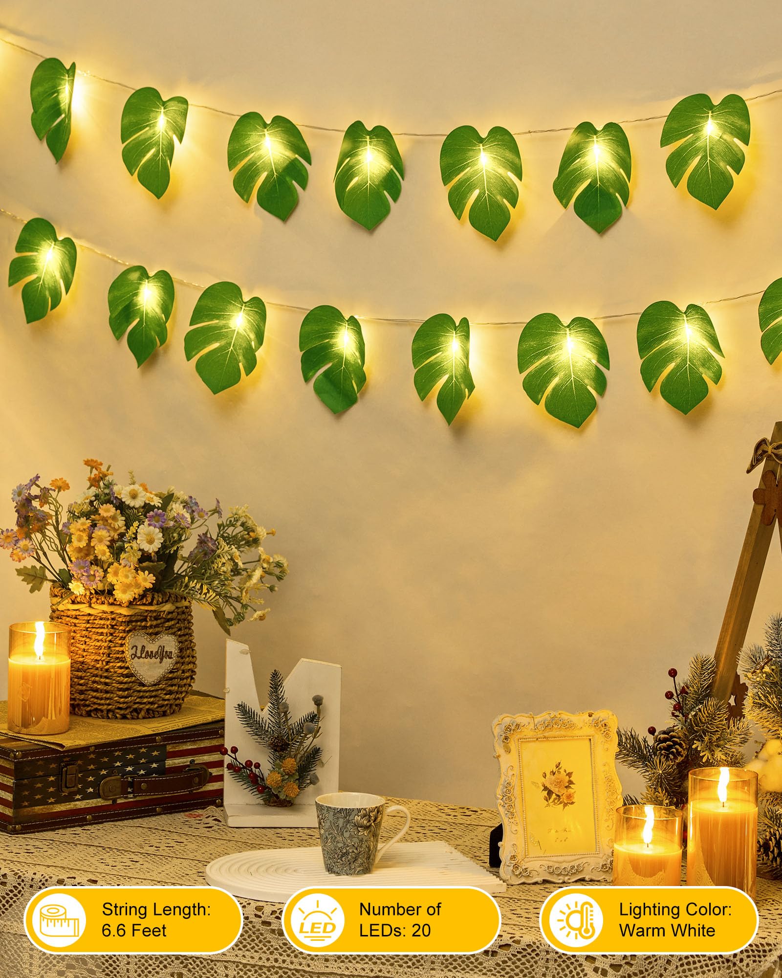 Minetom Monstera Leaf String Lights - 20 LED Battery Operated with Remote Control, Tropical Greenery for Hawaiian Theme Party Decor