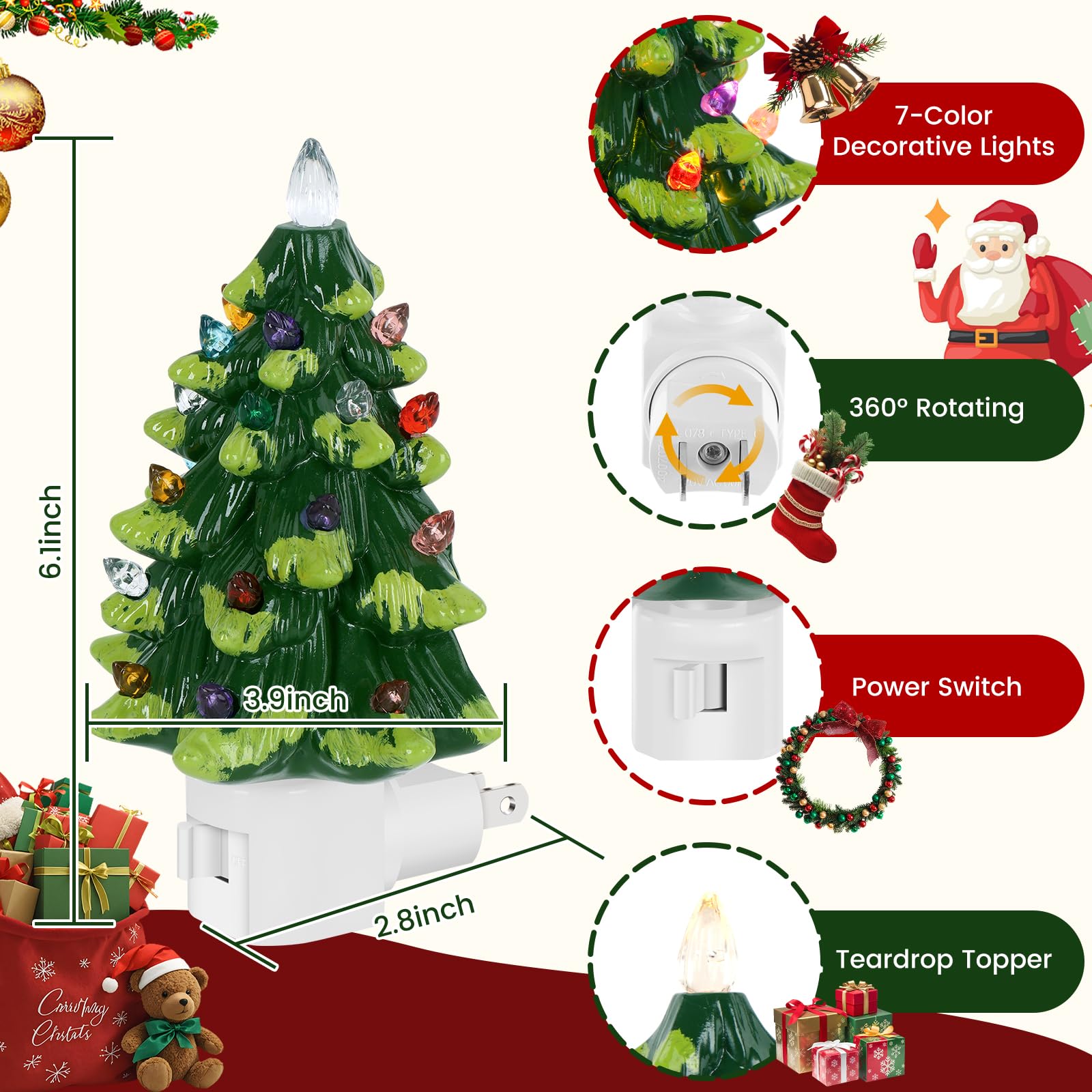 Lakumu 2-Pack Christmas Tree Night Lights, 20 Multicolored LED, Resin, Green Teardrop Topper, Model FH2025004-GR