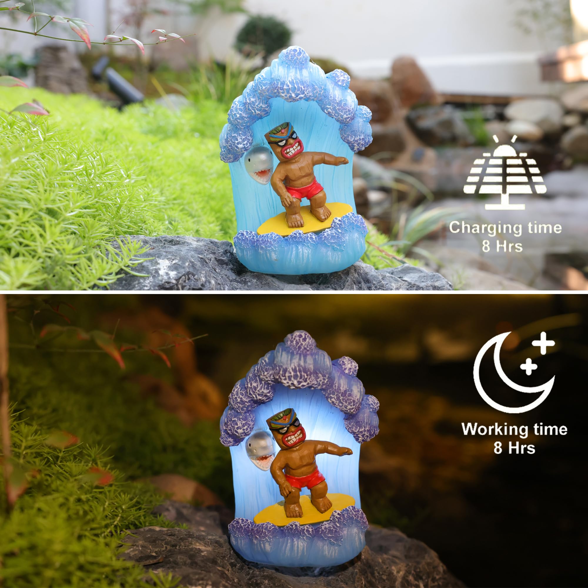 EPTUEGA Solar Tiki Statue Decor-Garden Statue Outdoor Ornaments - Tiki Man Surfing Waterproof Decoration Figurine for Tiki Bar,P