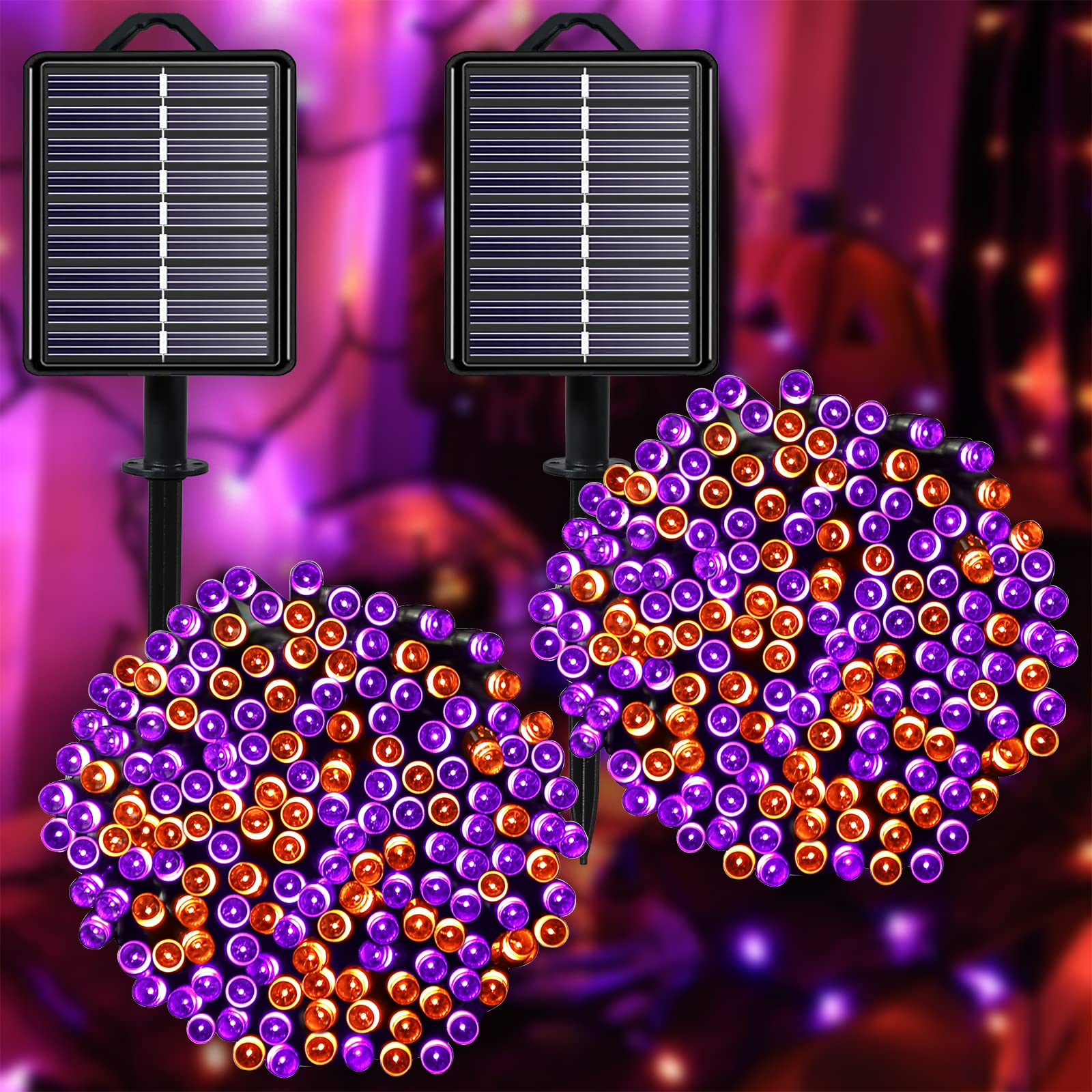 YAOZHOU Solar Halloween String Lights, 144ft LED, 400 Orange & Purple Lights, 8 Modes, IP44 Waterproof, Outdoor Decor