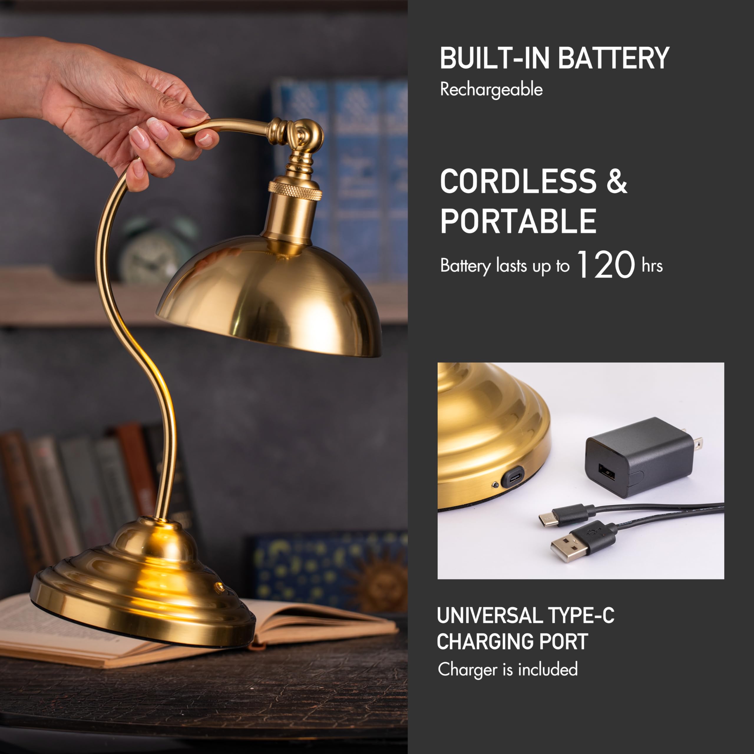 O'Bright Cordless LED Table Lamp - Rechargeable, 3-Level Dimming, Antique Brass, Model OB-TL23B, 180° Swivel Head