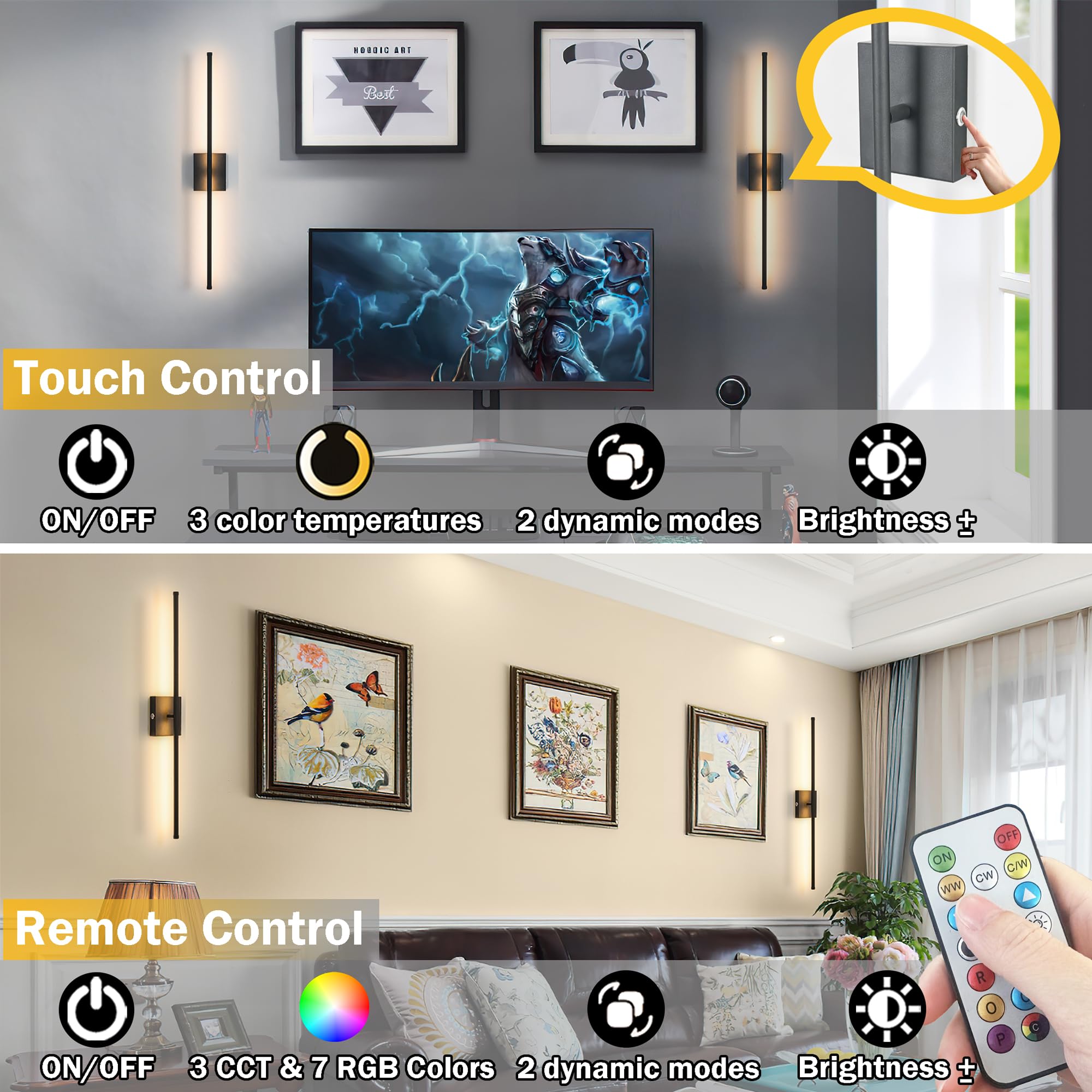Vimhou Battery Operated Wall Sconce Set of 2, Wireless Dimmable RGB Light, 10000mAh, Black, 360° Rotate, Rechargeable, One Size
