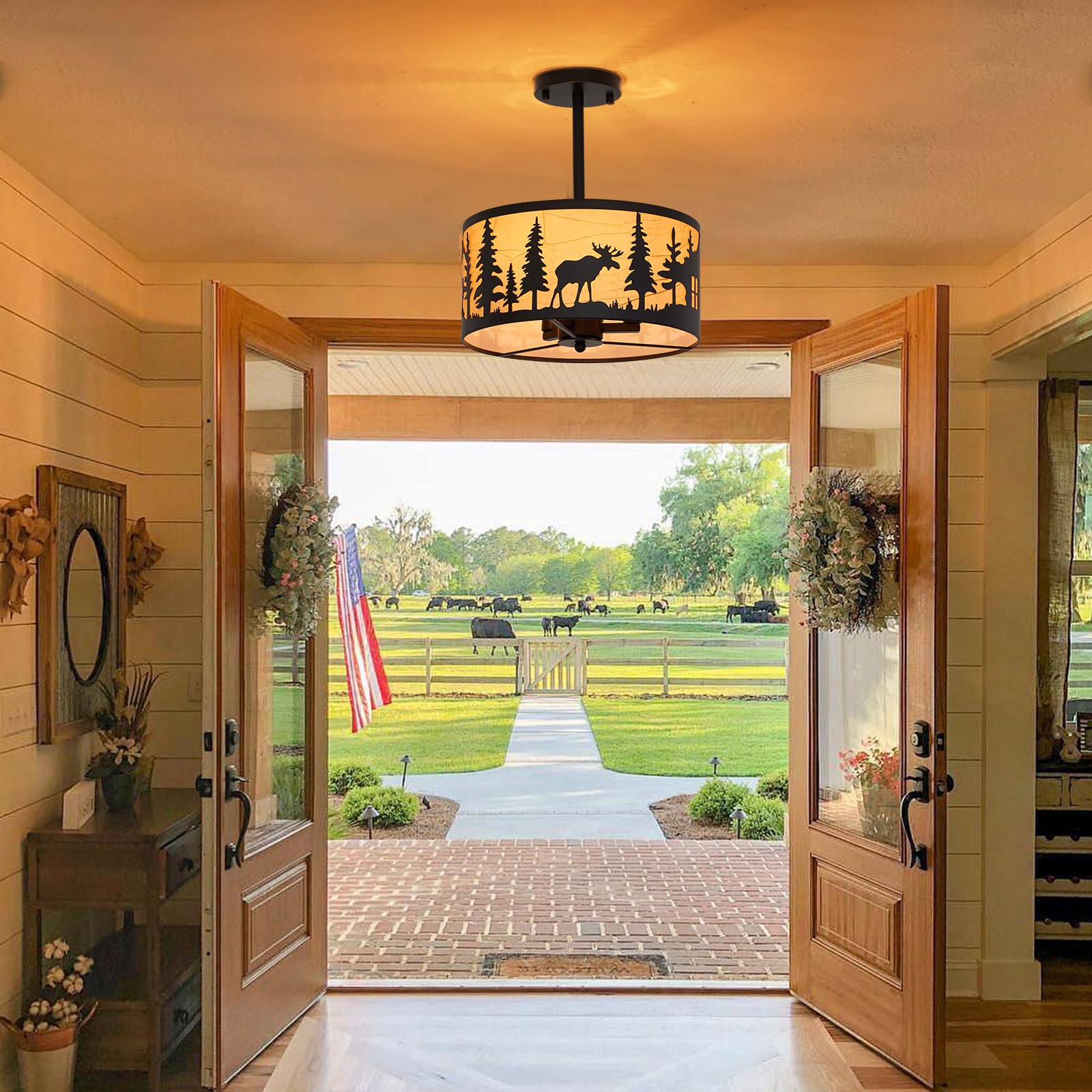 Monaxon Rustic 3-Light Semi-Flush Mount Ceiling Light, E12 Base, Farmhouse Design With Deer, Bear