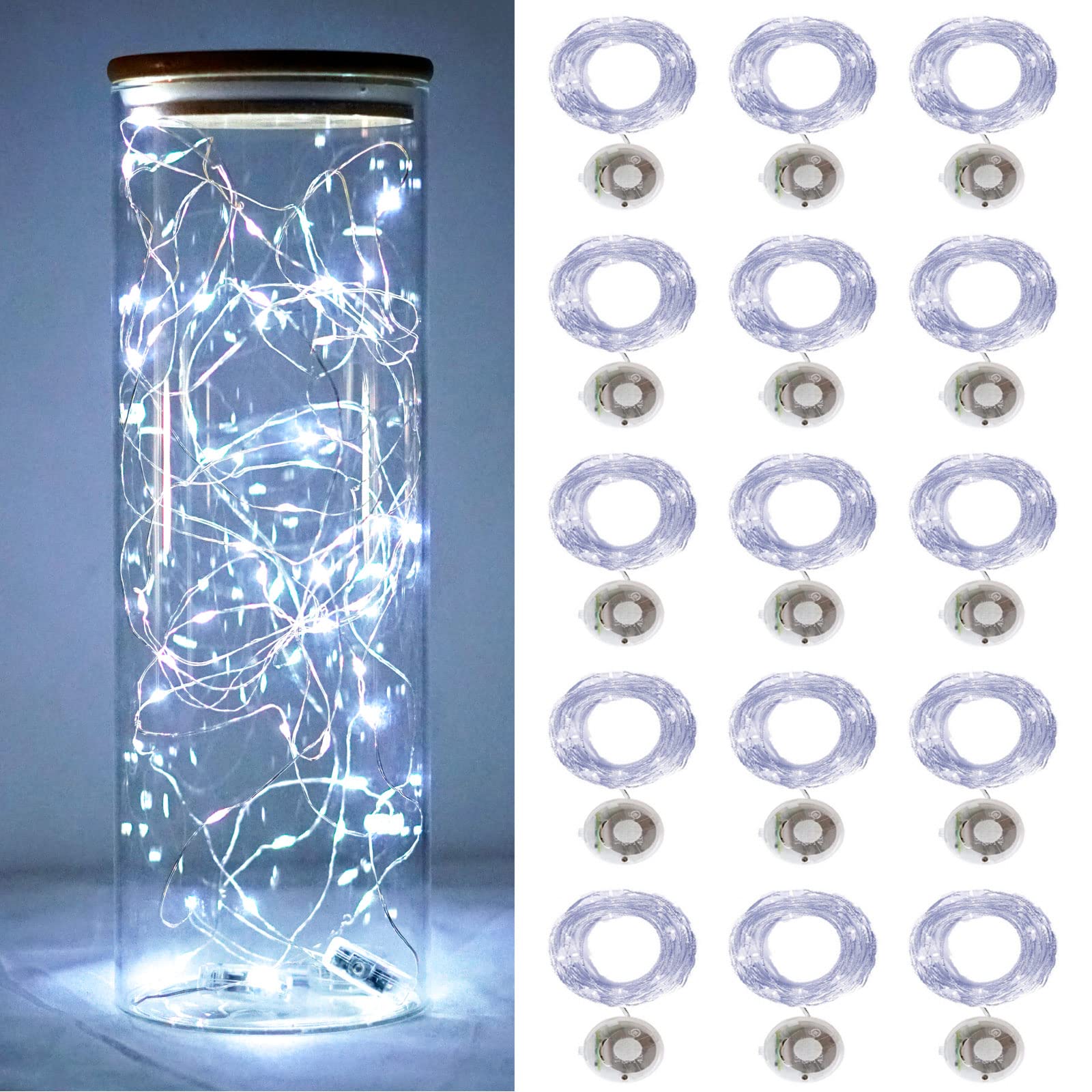 Twinkle Fairy Lights Battery Powered 3 Modes with Timer Firefly Lights 20 LED on 7.2feet Silvery Copper Wire for DIY Wedding Party Christmas Halloween Centerpiece Decorations 15 Pack (Cool White)