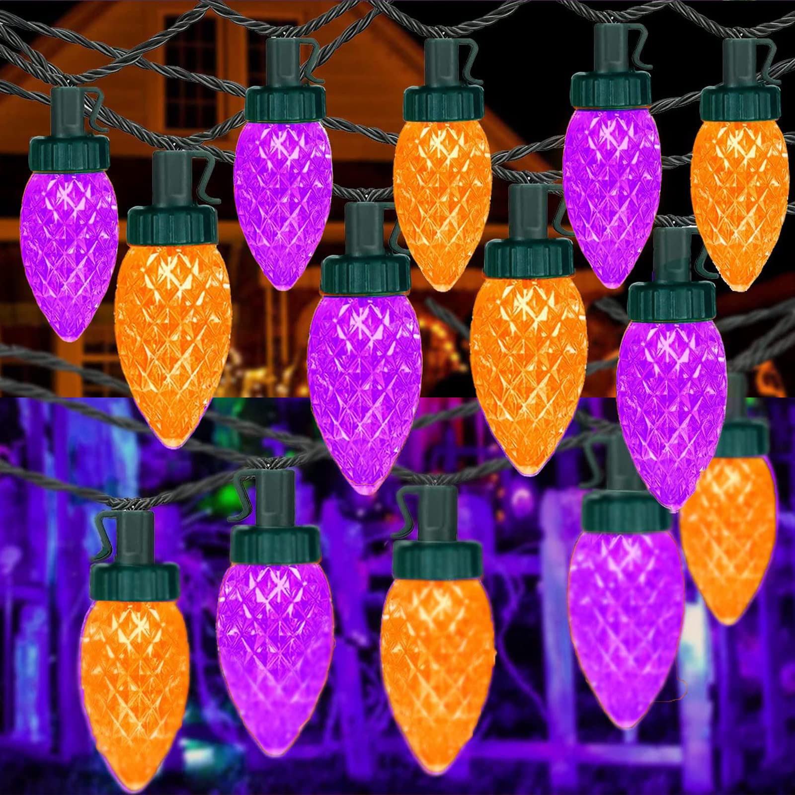 KAQ 2PK 100LED Orange and Purple C9 Halloween Lights Waterproof Indoor Outdoor, Extendable 98FT String Lights Plug in with 13 Li