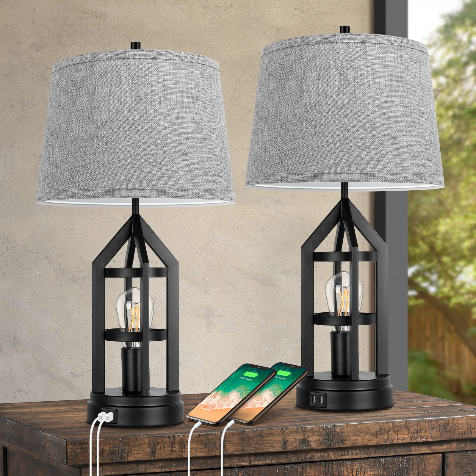 Beslowe 2-Light Gray Farmhouse Table Lamps, Dimmable With Usb Ports, Set Of 2 & 4 Led Bul