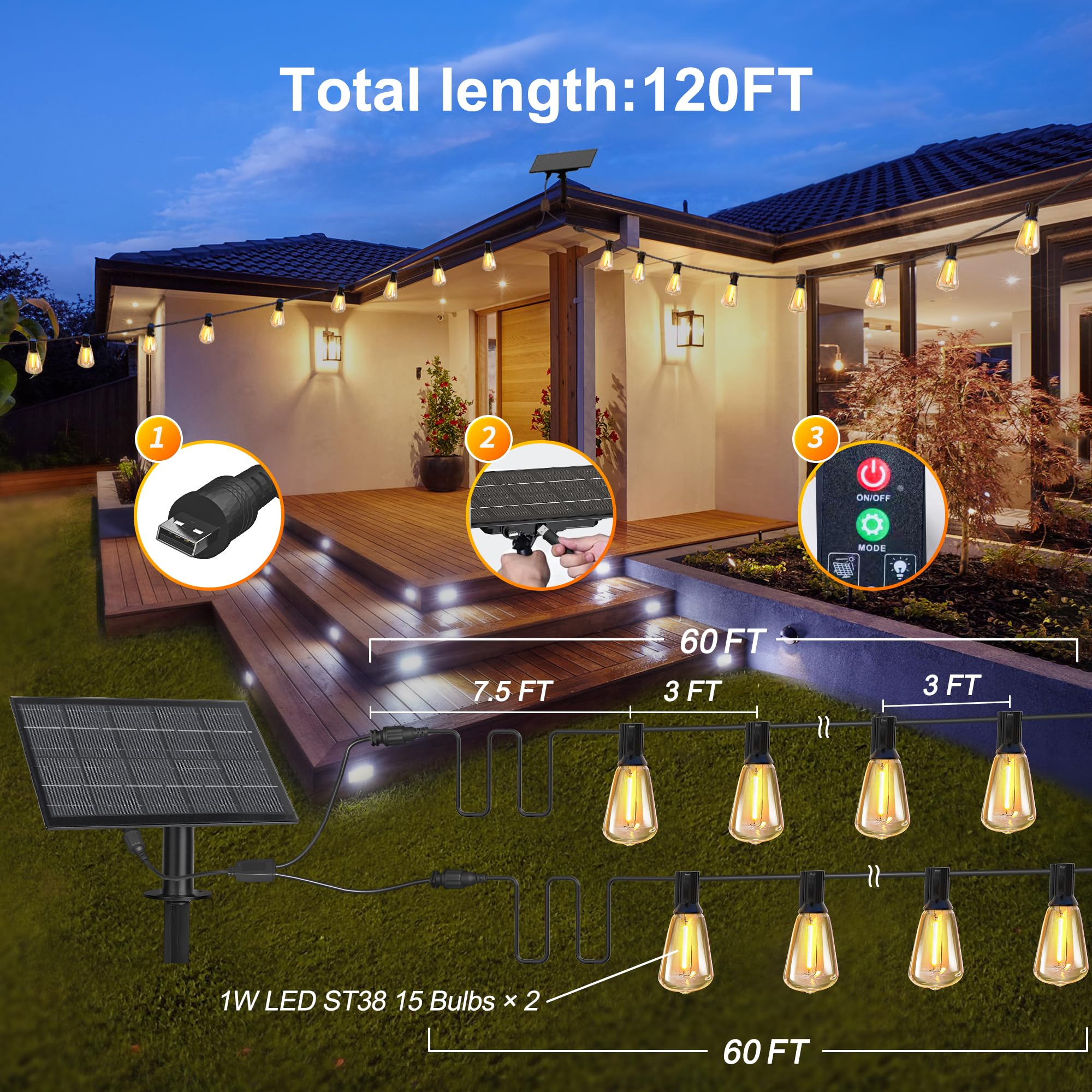 BLIATLUS 120FT Solar String Lights Outdoor Waterproof with Remote Control Solar Patio Lights 30+2 shatterproof LED ST38 Bulbs fo