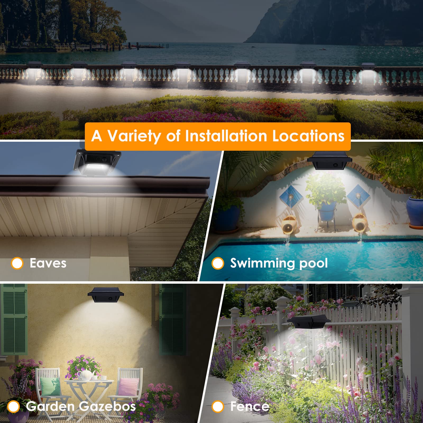 UniqueFire Solar Gutter Lights - 40 LED Waterproof Security Lamps, 8PCS Black & Cold White, Model 10034x2, Outdoor Use