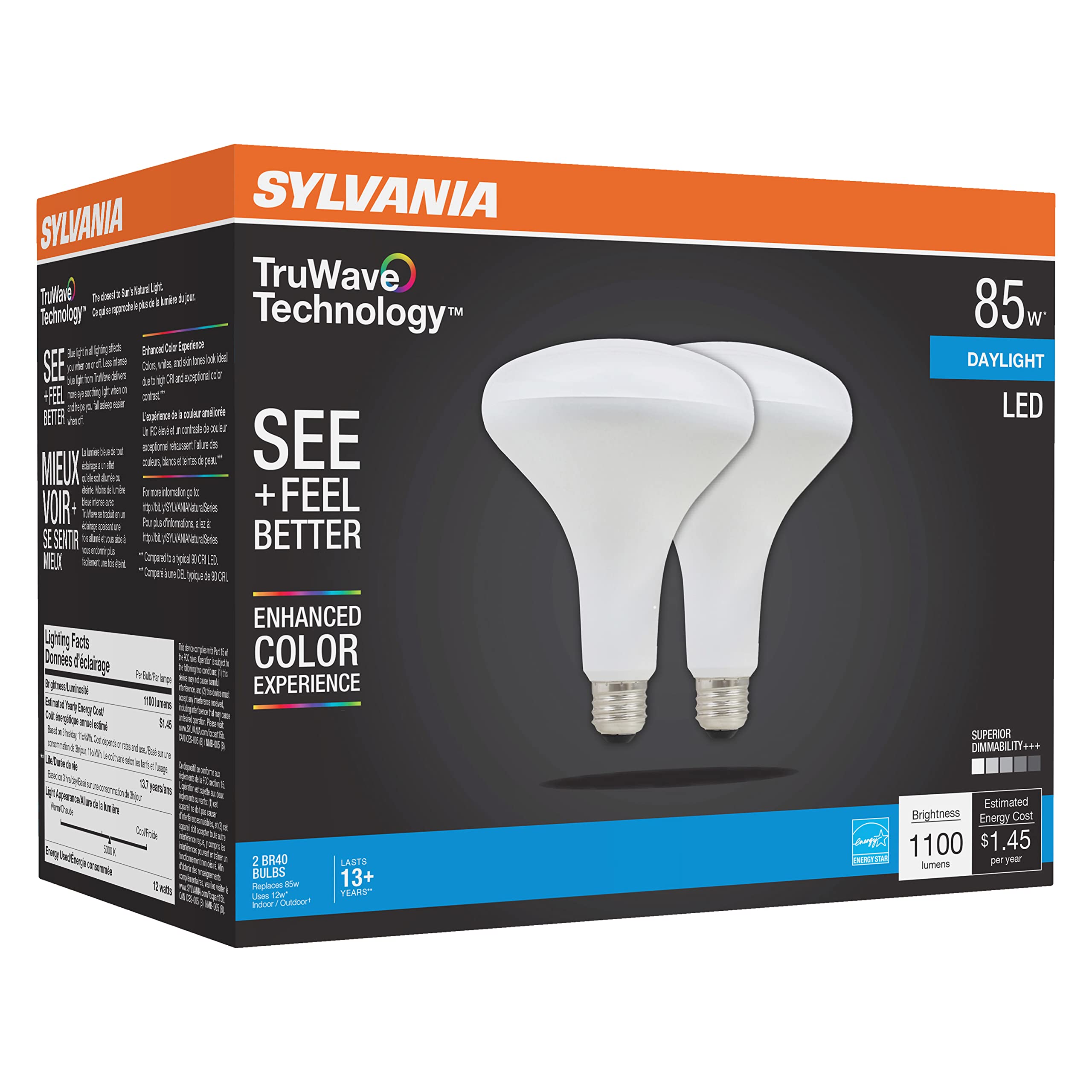 Sylvania Led Truwave Natural Series Br40 Light Bulb, 85W Equivalent Efficient 12W, Medium Base, Dimmable, Frosted, 5000K, Daylig