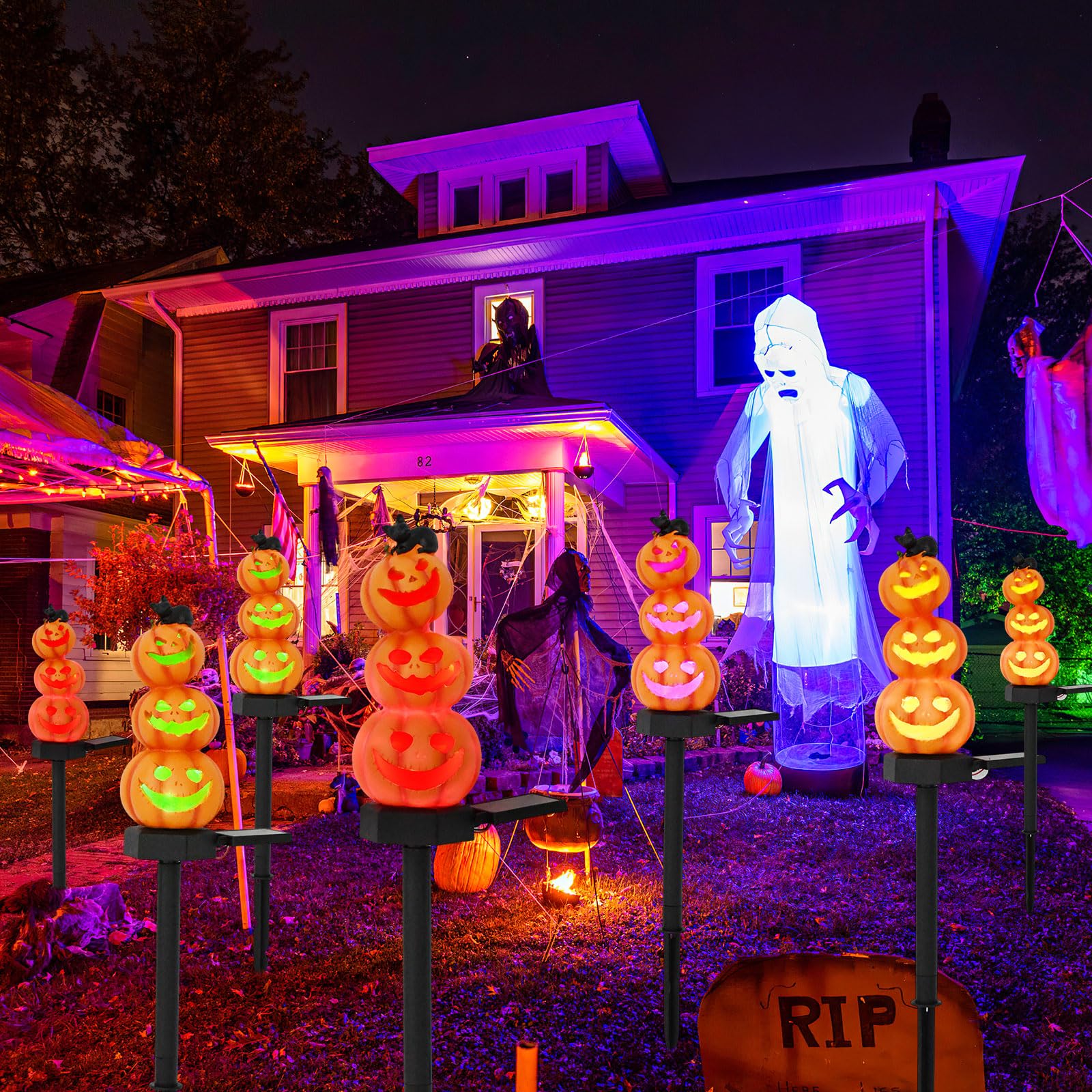 Halloween Pumpkin Decorations Stacked Pumpkin Yard Stakes Solar Pumpkin Lights-Light Up Pumpkin Decor Outdoor 4 Pack 17.5&quot; With Led Bulb For Yard Garden Lawn Decor