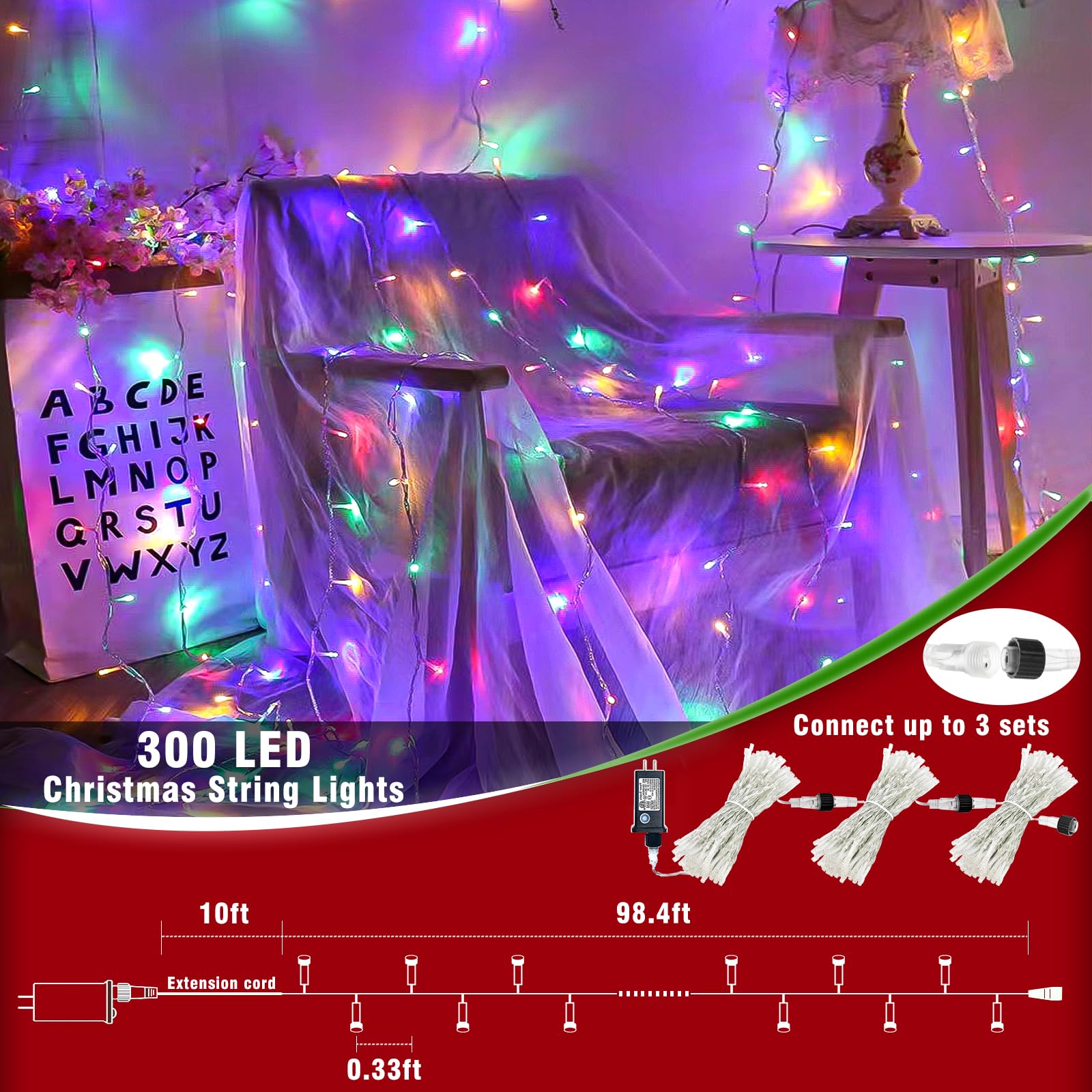 300 Led Christmas Lights Outdoor - 99Ft Extra Long Christmas String Lights Indoor Bedroom 8 Modes Plug In Waterproof Twinkle Fai
