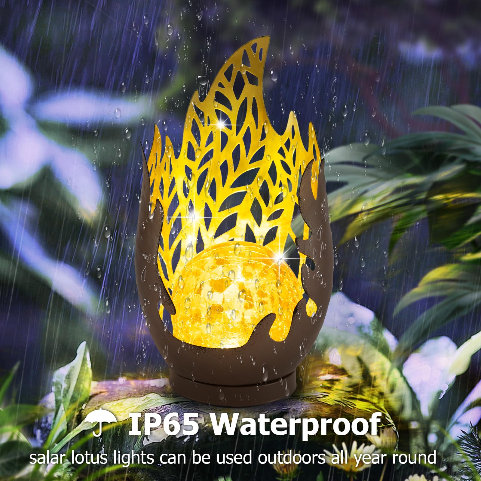 Huaxu Solar Lights Outdoor Decor Waterproof Metal Cracked Glass Globe With Copper Flame Effect, Table Decorations Led Lamp Gift