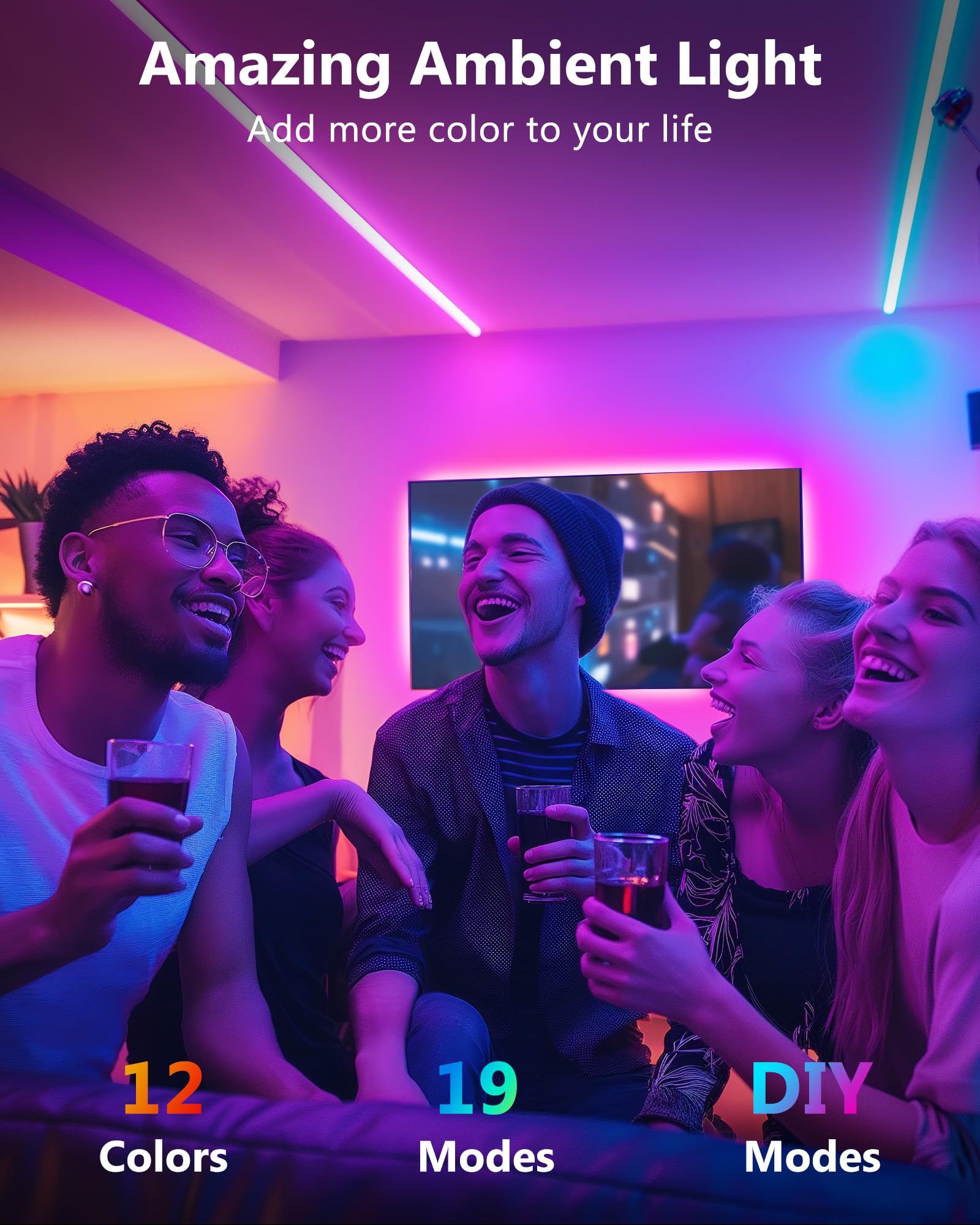 HitLights LED Strip Lights Kit, 3 Pcs 1.64FT RGB Dimmable, 5050 Material, Multicolor with RF Remote & UL-Listed Adapter