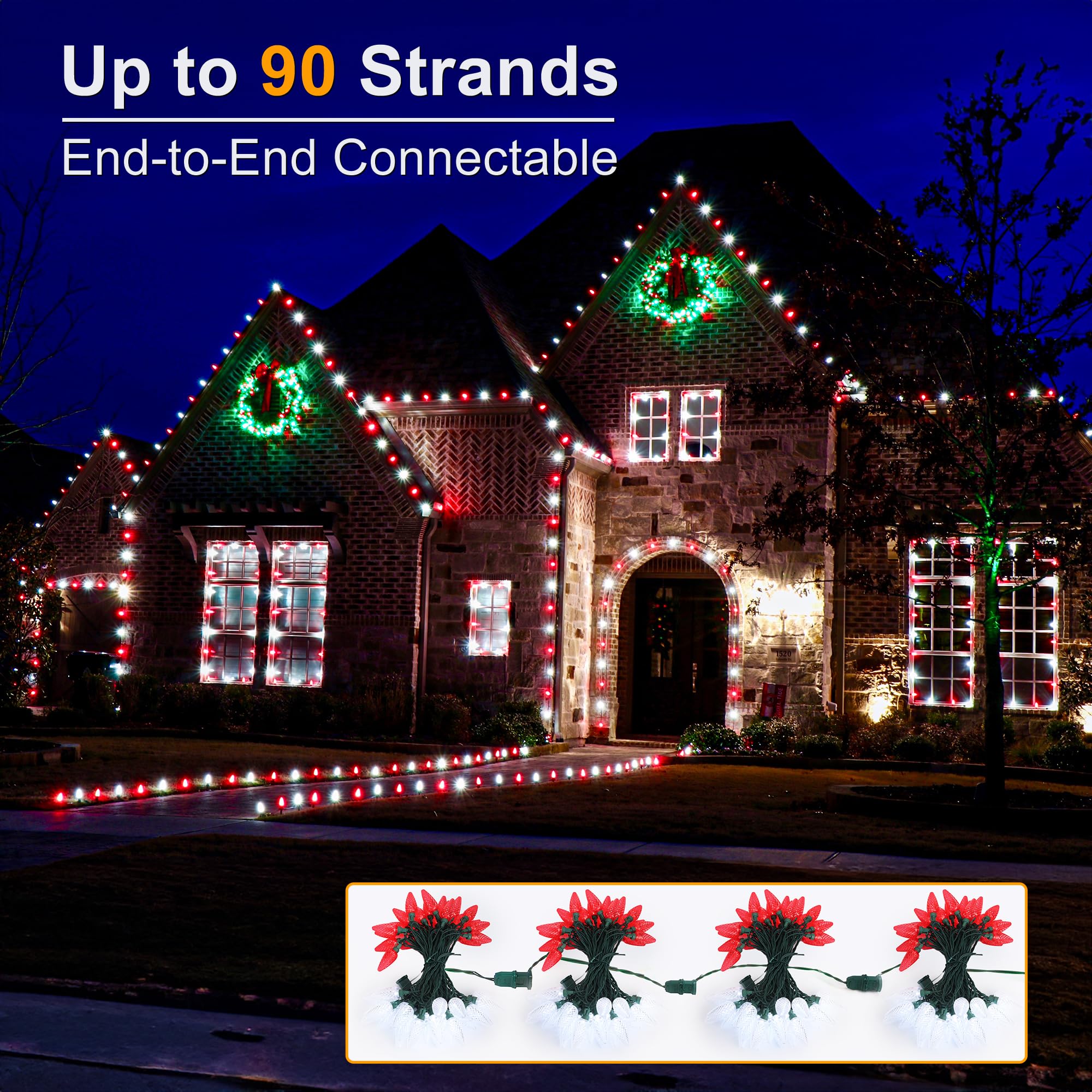 Brizled C9 String Lights 33ft 50 LED Red & Cool White Waterproof Indoor/Outdoor Christmas Lights Model I1-50-1-C9