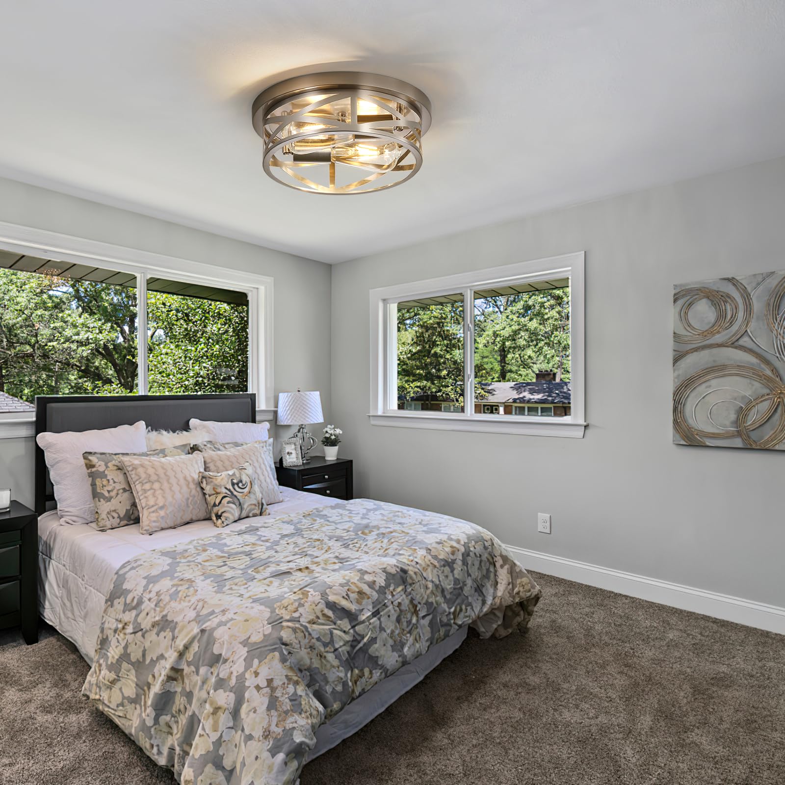 Sewterolyn Brushed Nickel Flush Mount Ceiling Light Fixture,2-Light Industrial Farmhouse Ceiling Light Fixture,Brushed Nickel Li