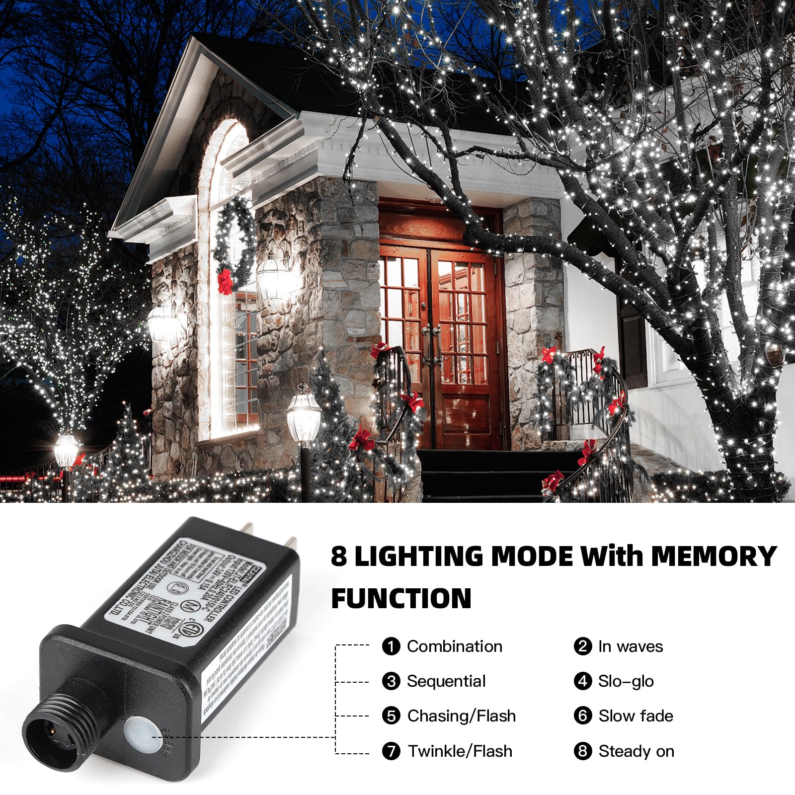 XTF2015 170FT LED Christmas String Lights, 8 Modes, UL Certified, Cool White, Model QL300IE, Indoor/Outdoor Fairy Lights