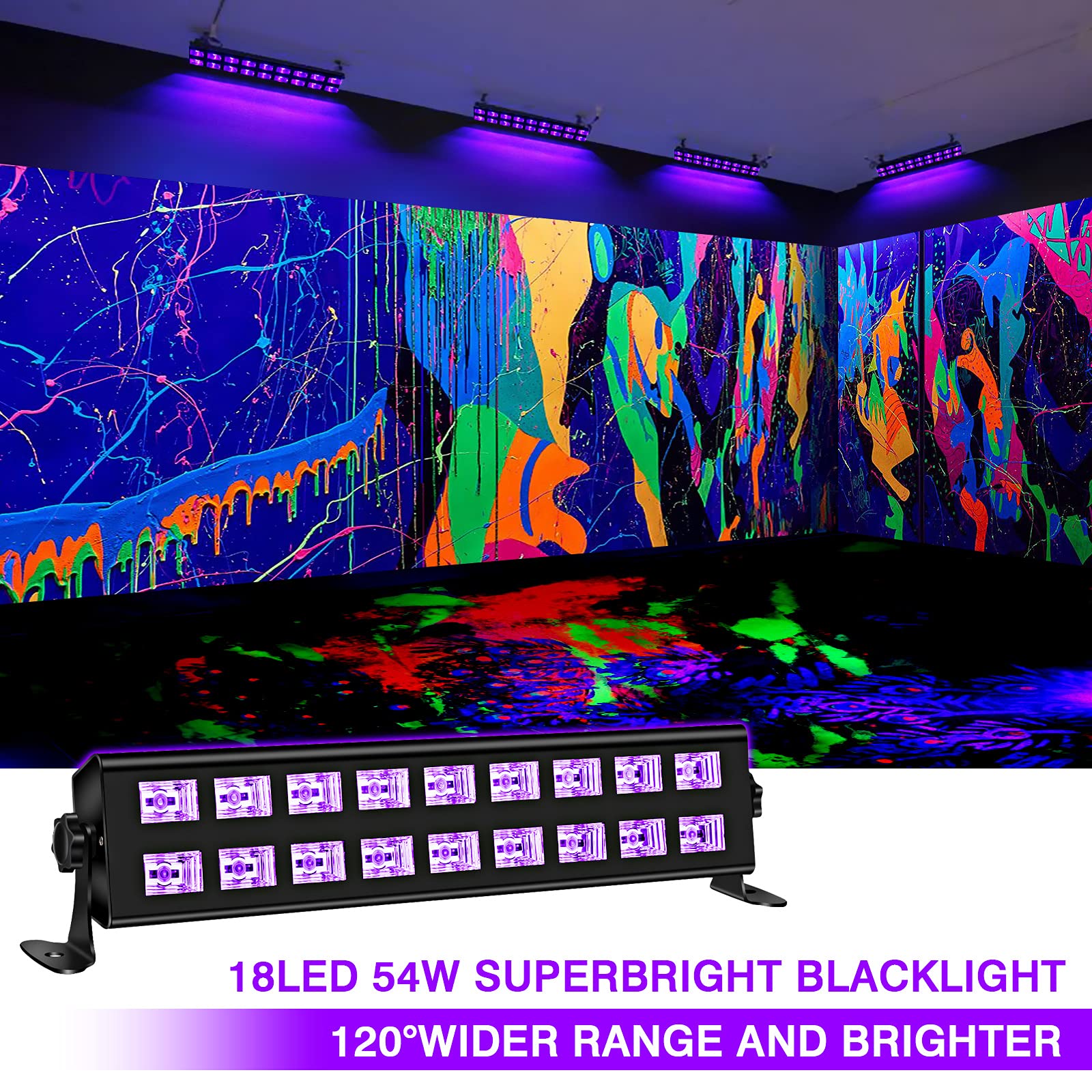 Oppsk Black Lights, 54W 18Leds Powerful Black Light Bar Glow In The Dark Party Supplies For Blacklights Party Body Paint Birthday Halloween Christmas Stage Lighting