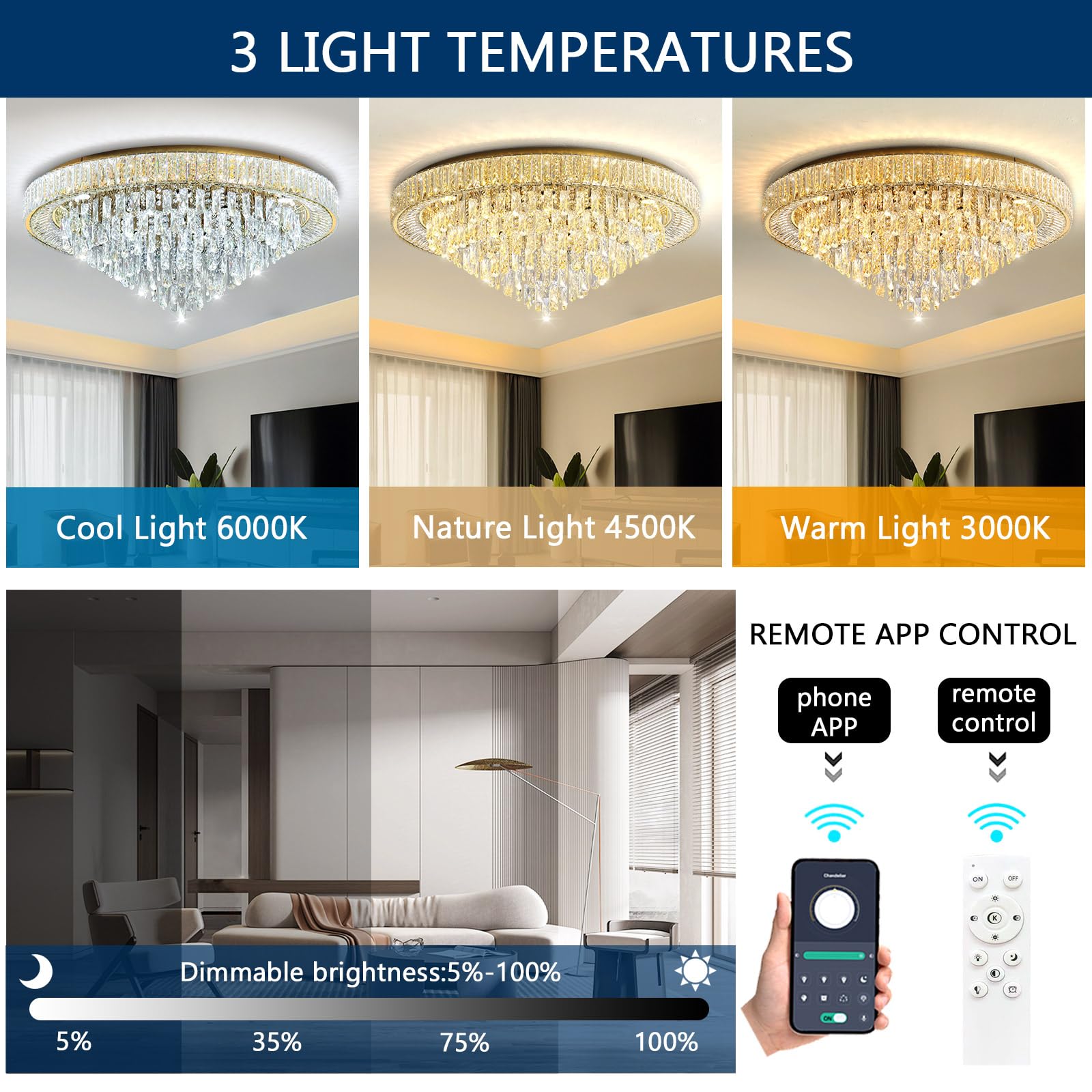 dolria Modern Crystal Flush Mount Chandelier, LED Dimmable, 39.3'' Width, Gold, Model PC1019-100G for Living Room & Bedroom