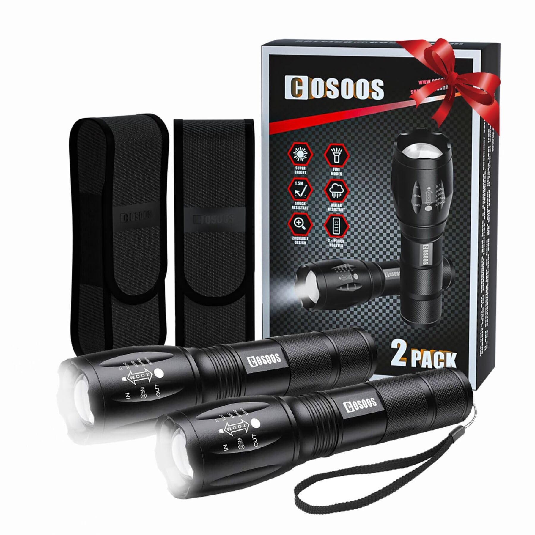 COSOOS 2 Pack Tactical Flashlights, 1000 Lumen LED, Zoomable, Waterproof, Aluminum, Includes Holsters