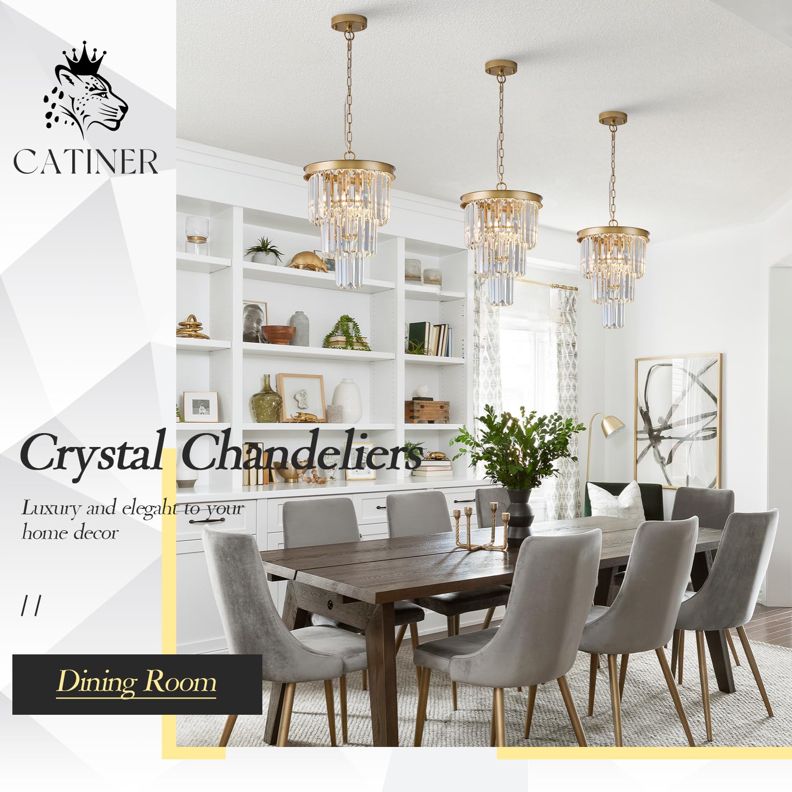 Catiner Modern Crystal Pendant Light For Kitchen Island, Mini Gold Crystal Light Fixture Luxury For Dining Room, K9 Ceiling Pend