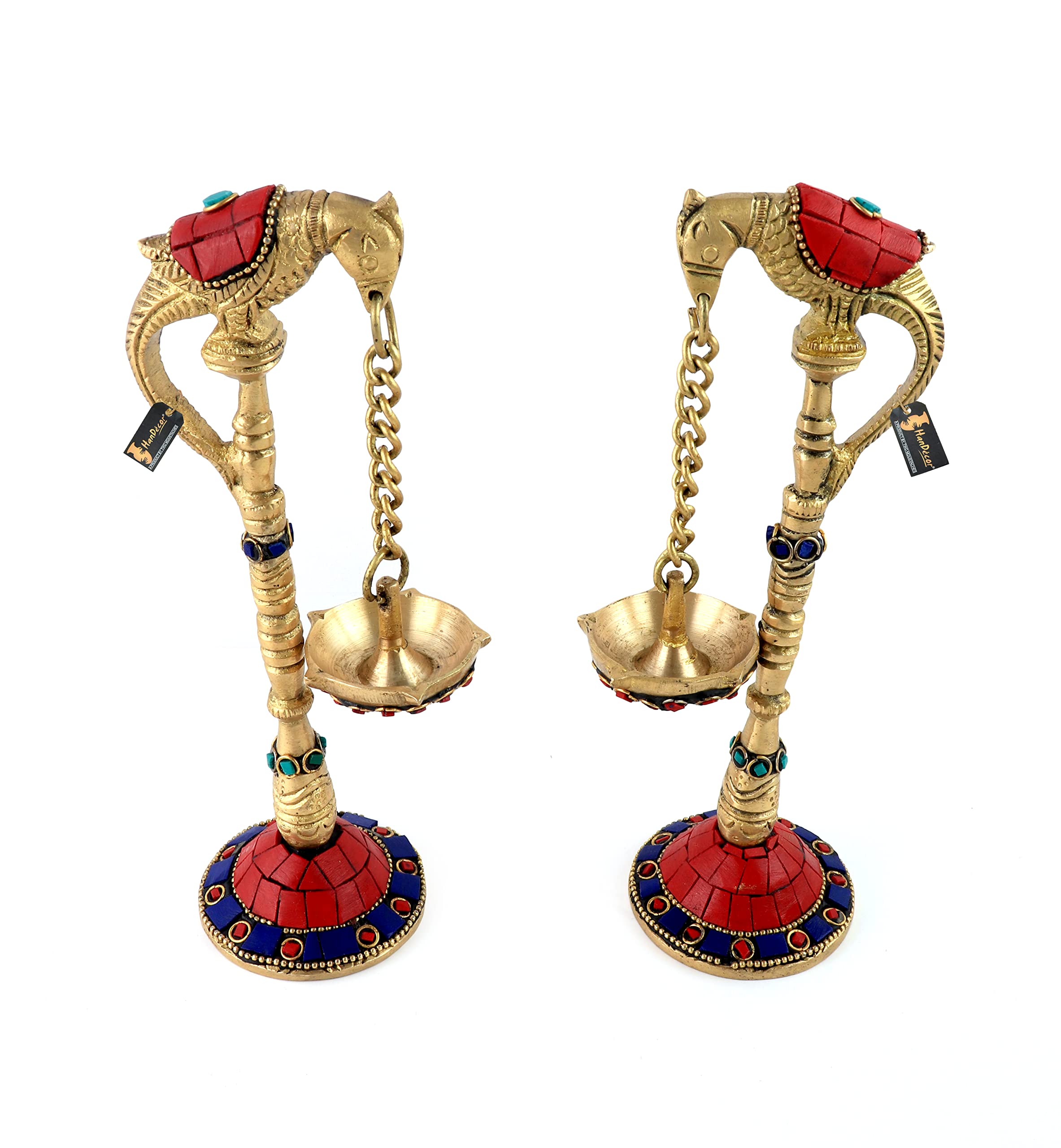 Two Moustaches Gemstone Work Parrot Design 7.5 Inches Brass Hanging Diya Pair, Material - Brass, Standard, Pack of 2