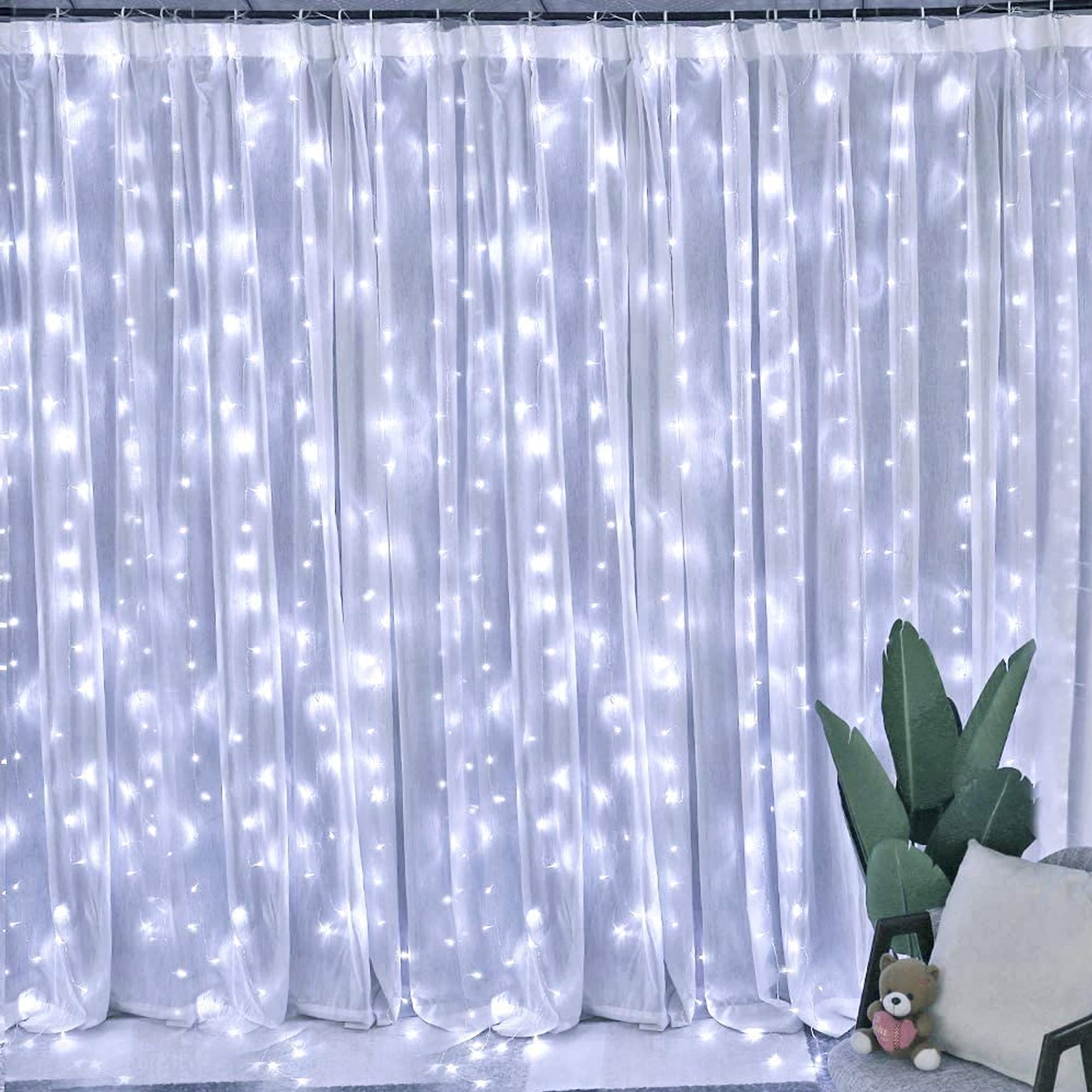 Dazzle Bright Curtain String Lights, 300 LED, 9.8ft x 9.8ft, USB Powered, Waterproof, White, 8 Lighting Modes, Indoor/Outdoor Decorations