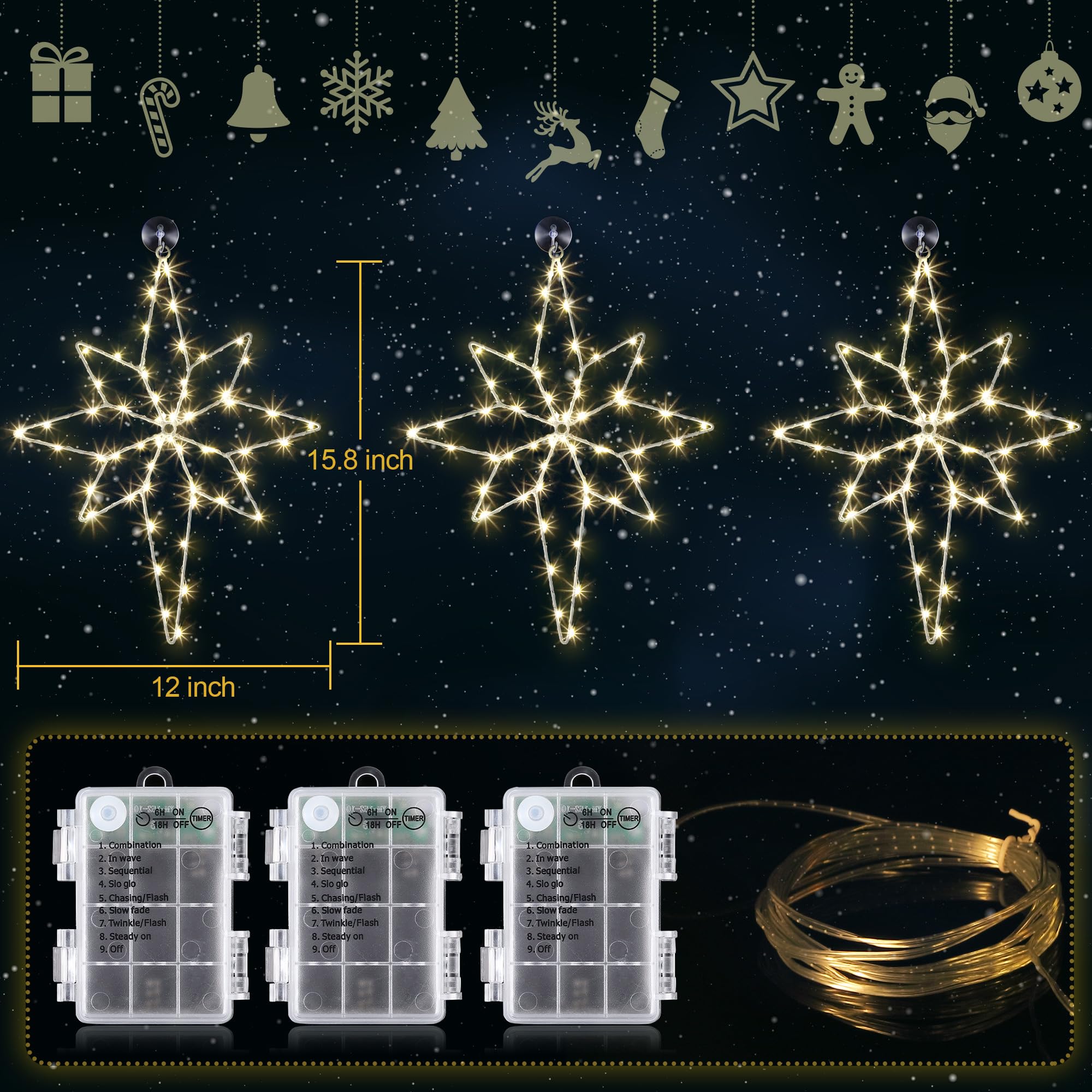 Hiboom 3 Packs 16In Large Christmas Window Light Decoration, 8 Lighting Modes and Timing Bethlehem Christmas Star Window Silhoue