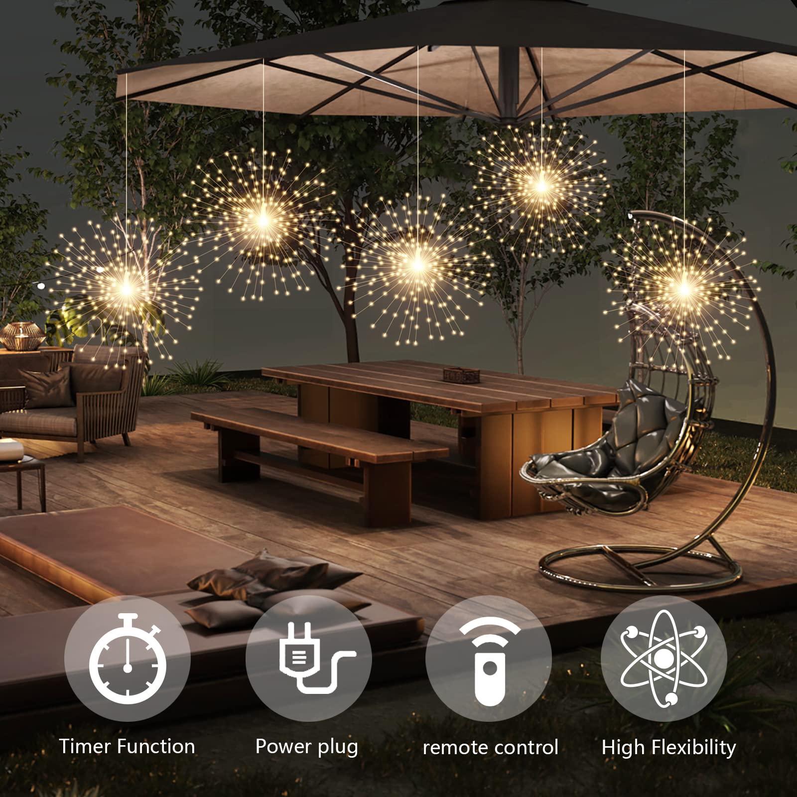 PXBNIUYA Starburst Sphere Lights, 1000LED, 8 Modes, Waterproof, Copper Wire, Warm White, Model YHD-001, 5 Pack