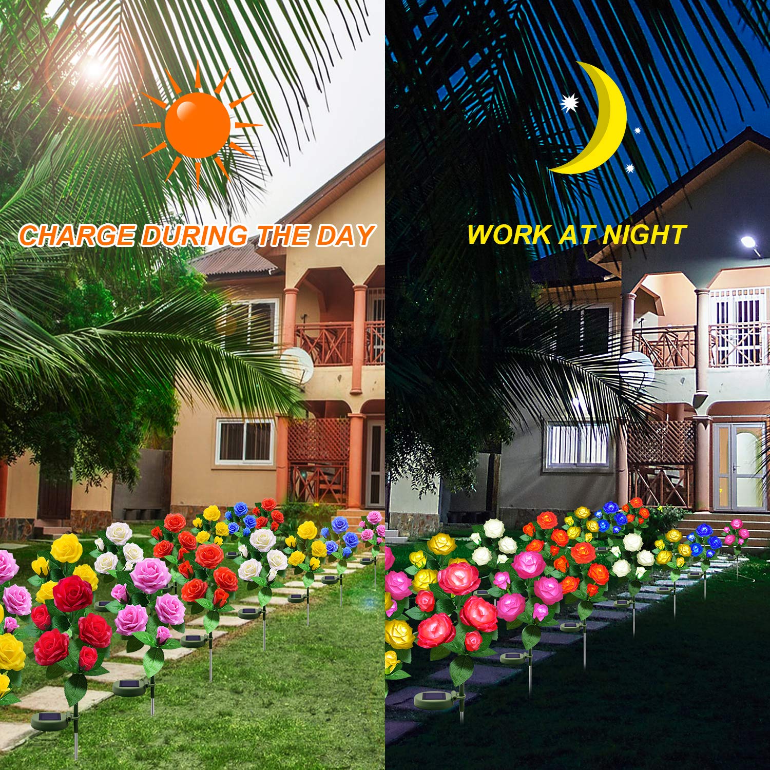 YWYWLED Solar Flower Lights - LED Waterproof Stake Lights with 5 Roses, Yellow, 2 Pack, Model 2023-5-12