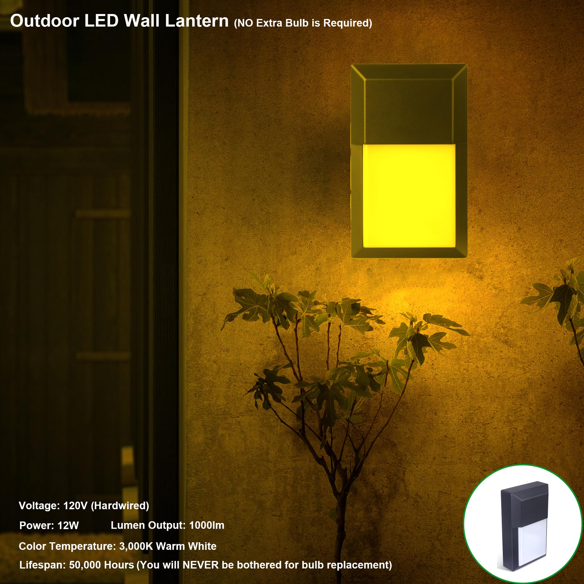 LIT-PaTH LED Wall Lantern, 12W 1000 Lumens, Aluminum, 3000K Black, 1-Pack, Model YL-WP09ND30K-1