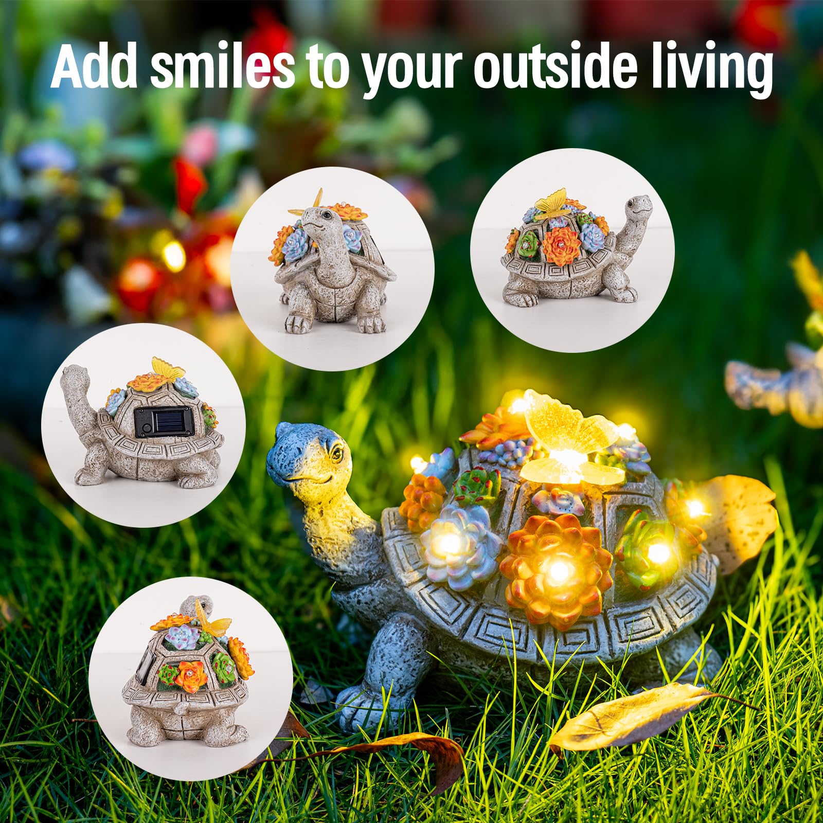 Ydkojgw Solar Garden Outdoor Statues With Succulent And 7 Led Lights - Lawn Decor Tortoise Statue For Patio, Balcony, Yard Ornament - Unique Housewarming Gifts (Grey Turtle)
