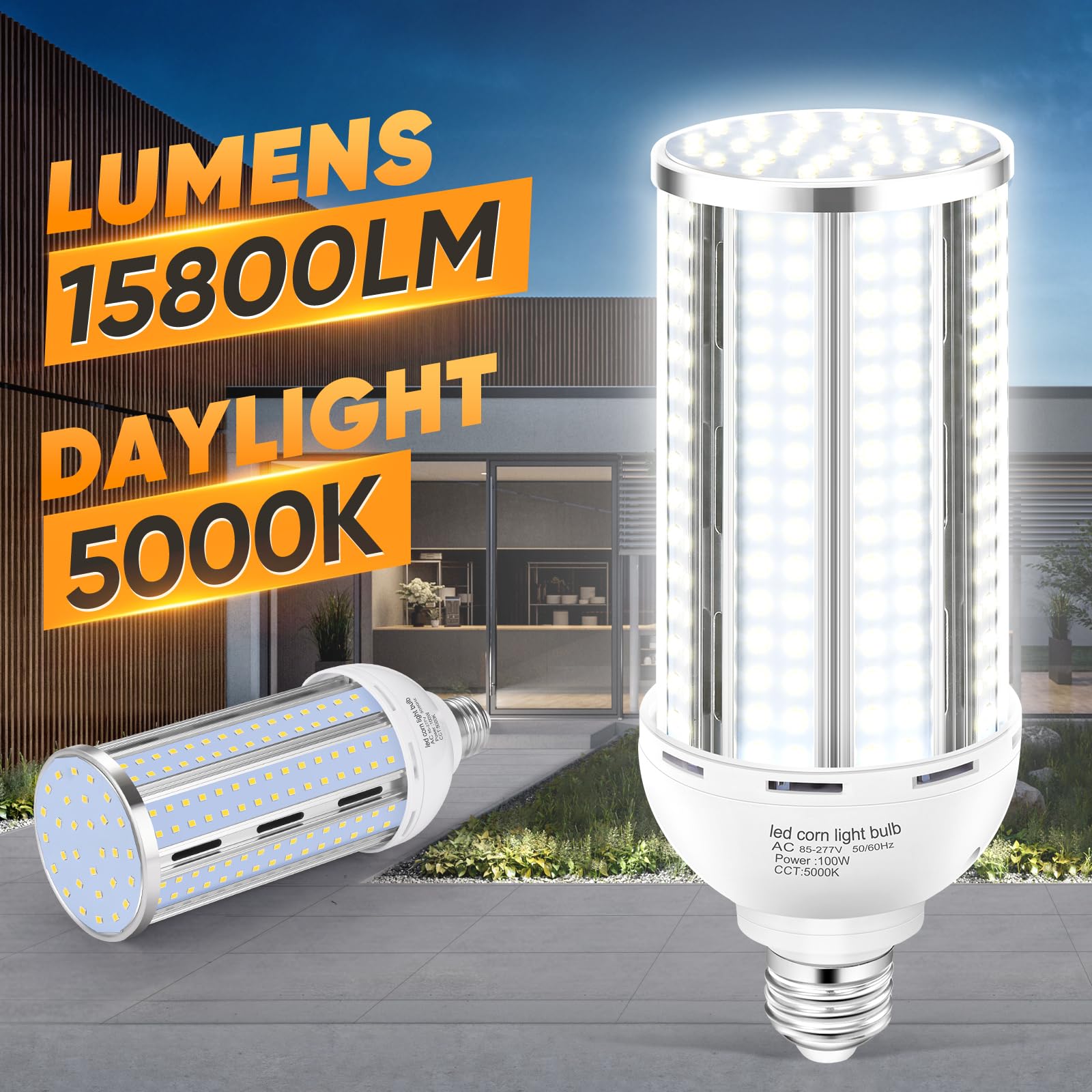 XYCN 100W Corn LED Light Bulb 4-Pack, 5000K Daylight, E26/E39 Base, 15,800LM, Fanless, Aluminum