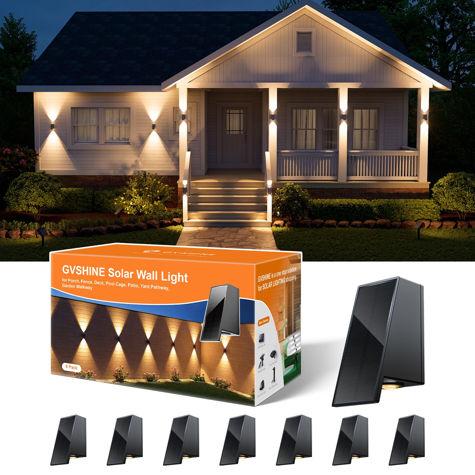 8 Pack Solar Powered Fence Lights Outdoor Waterproof Wall Mount Up and Down LED Decorative Lamps for Outside Patio  House  Backyard  Porch  Deck  Garden with Bright Lens Easy to Install (Warm White)
