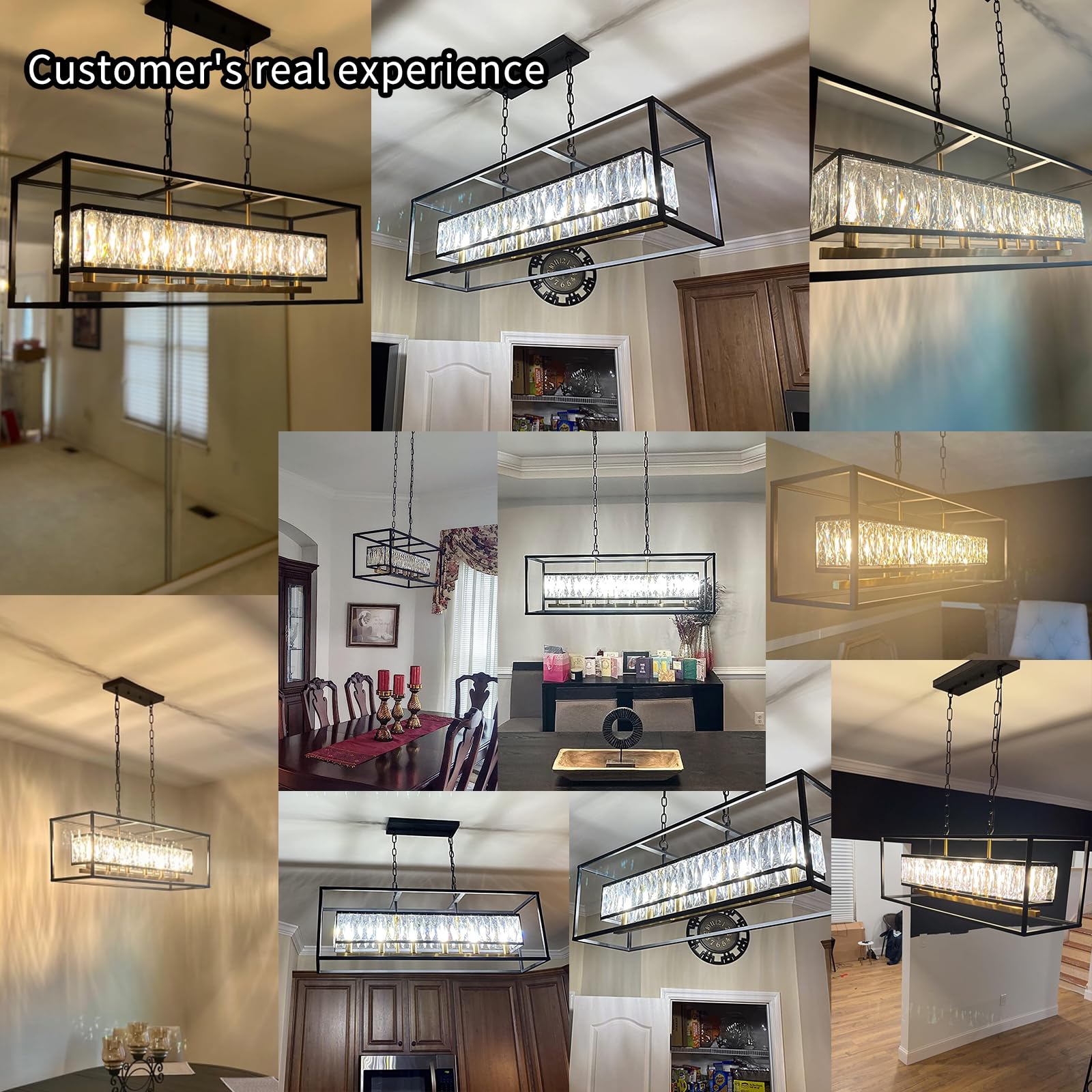 Vezzio Modern Farmhouse 6-Light Crystal Chandelier, Black & Satin Brass, Rectangular Pendant Light for Dining Room and Kitchen Island