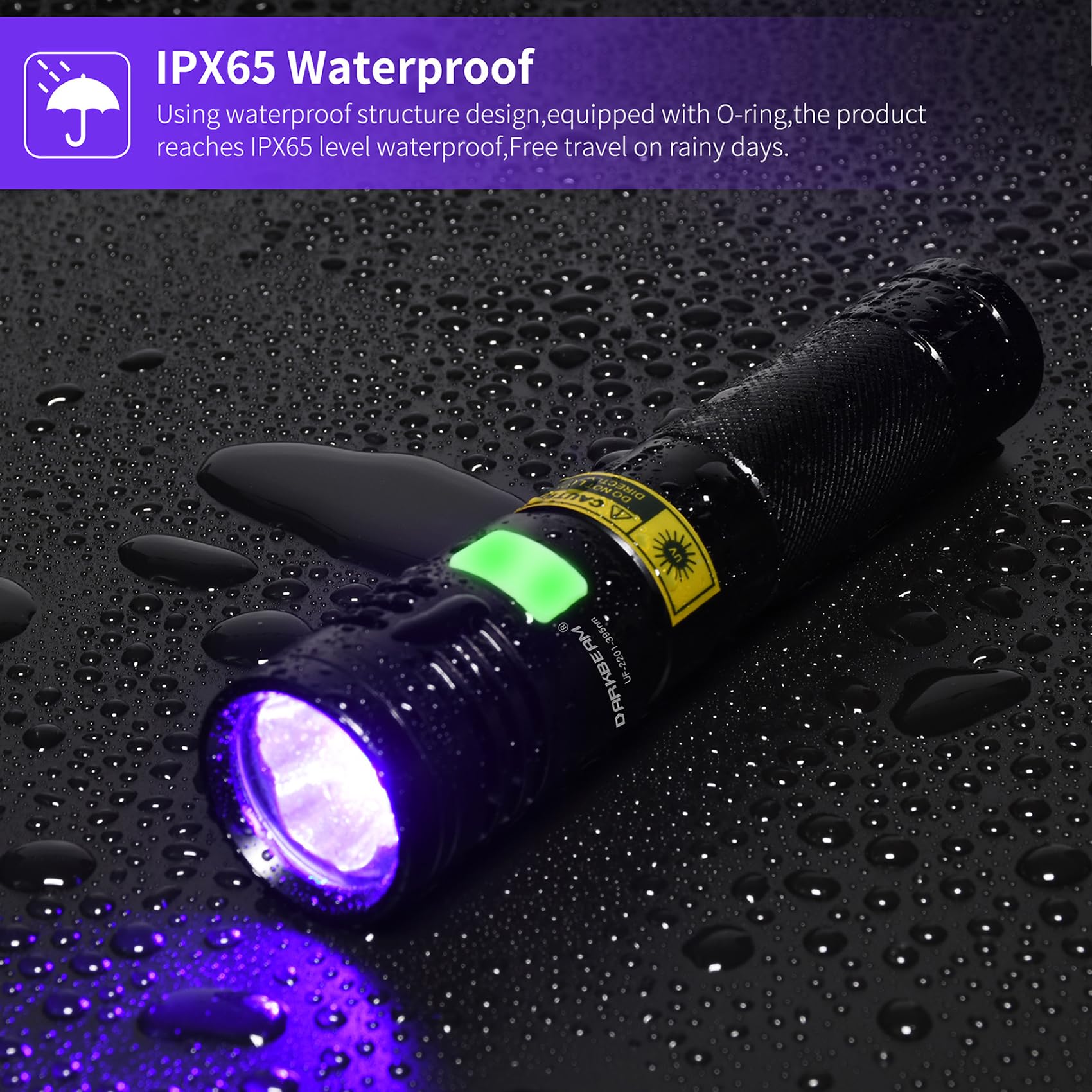 DARKBEAM UV Flashlight 20W 395nm Black Light Mini Rechargeable Detector for Pet Urine, Uranium Glass - Model UF2201-395nm-04