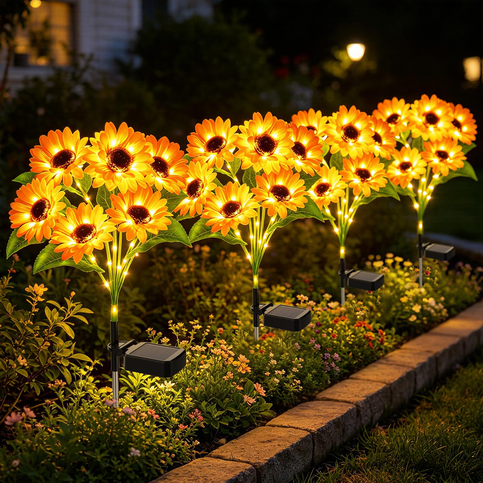 Solar Powered Sunflower Lights, 4 Pack Warm White 6 Head LED Outdoor Waterproof Garden Flowers Petal Lighting Yard Decoration fo
