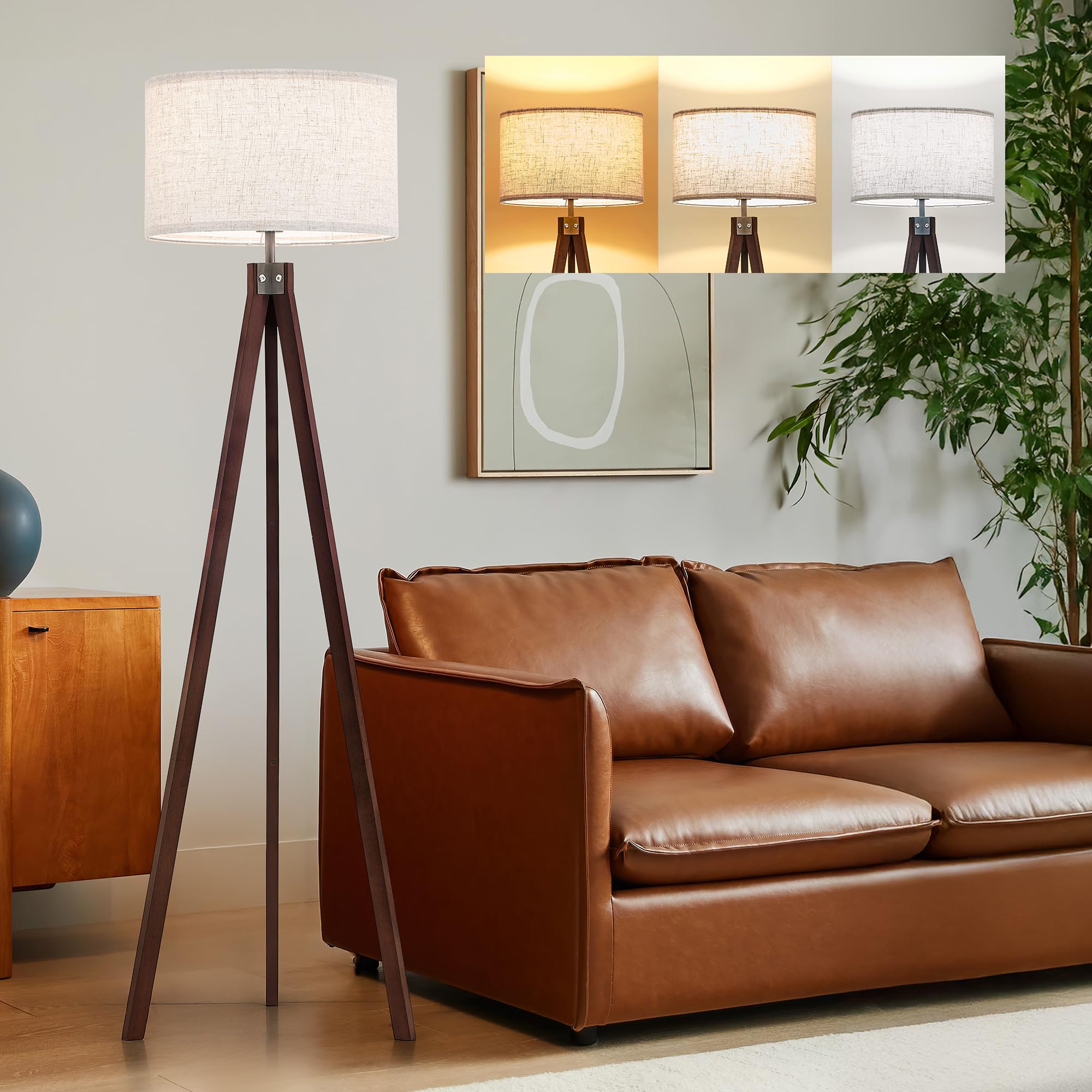 ELYONA Wood Tripod Floor Lamp, Mid Century Modern Reading Standing Light, Tall Studying Light with 3 Color Temperatures LED Bulb