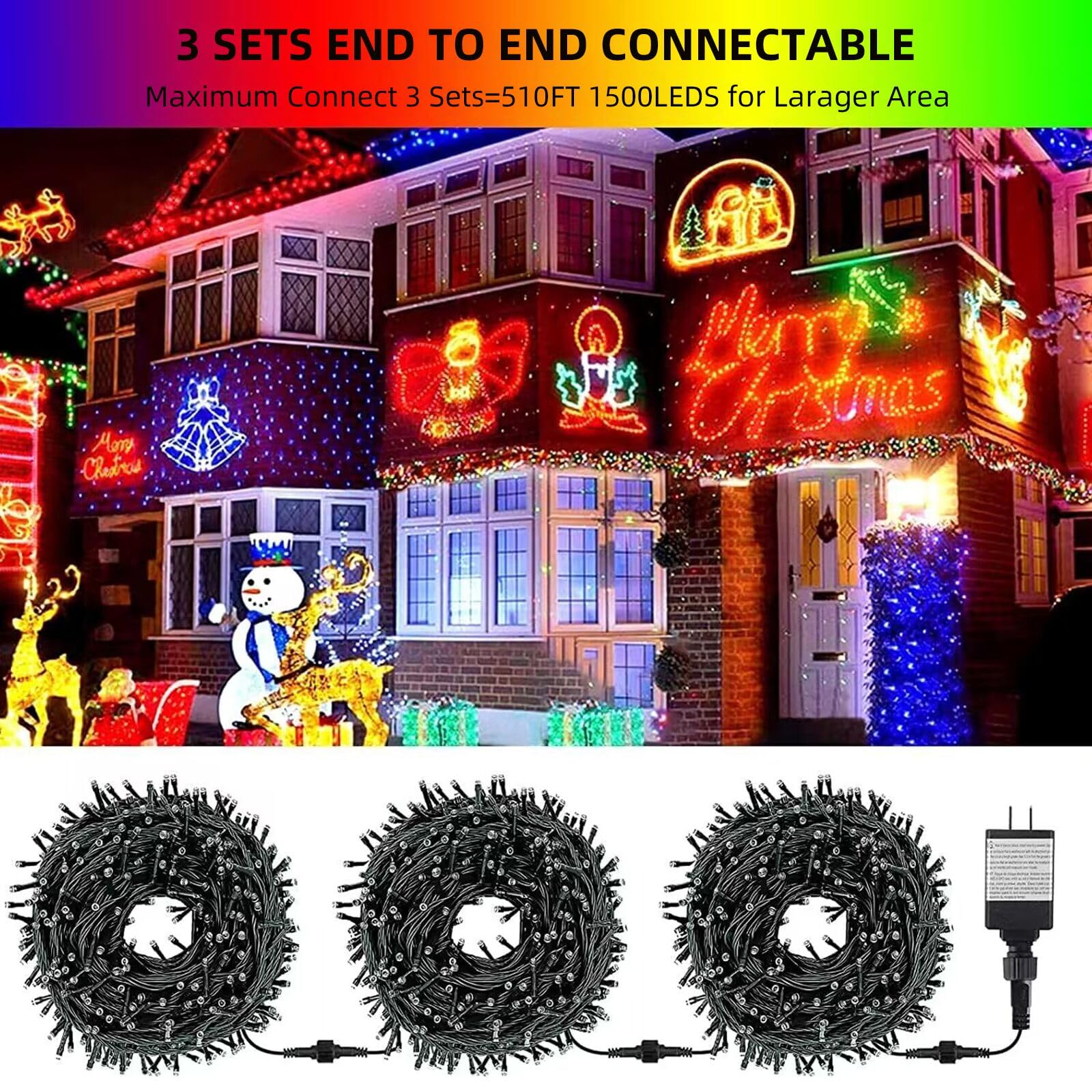 Mzd8391 170Ft 500Leds Christmas Lights Outdoor Indoor String Lights 8 Modes Memory Function For Christmas Tree Party Decoration, 100% Ul Listed (Multicolor)