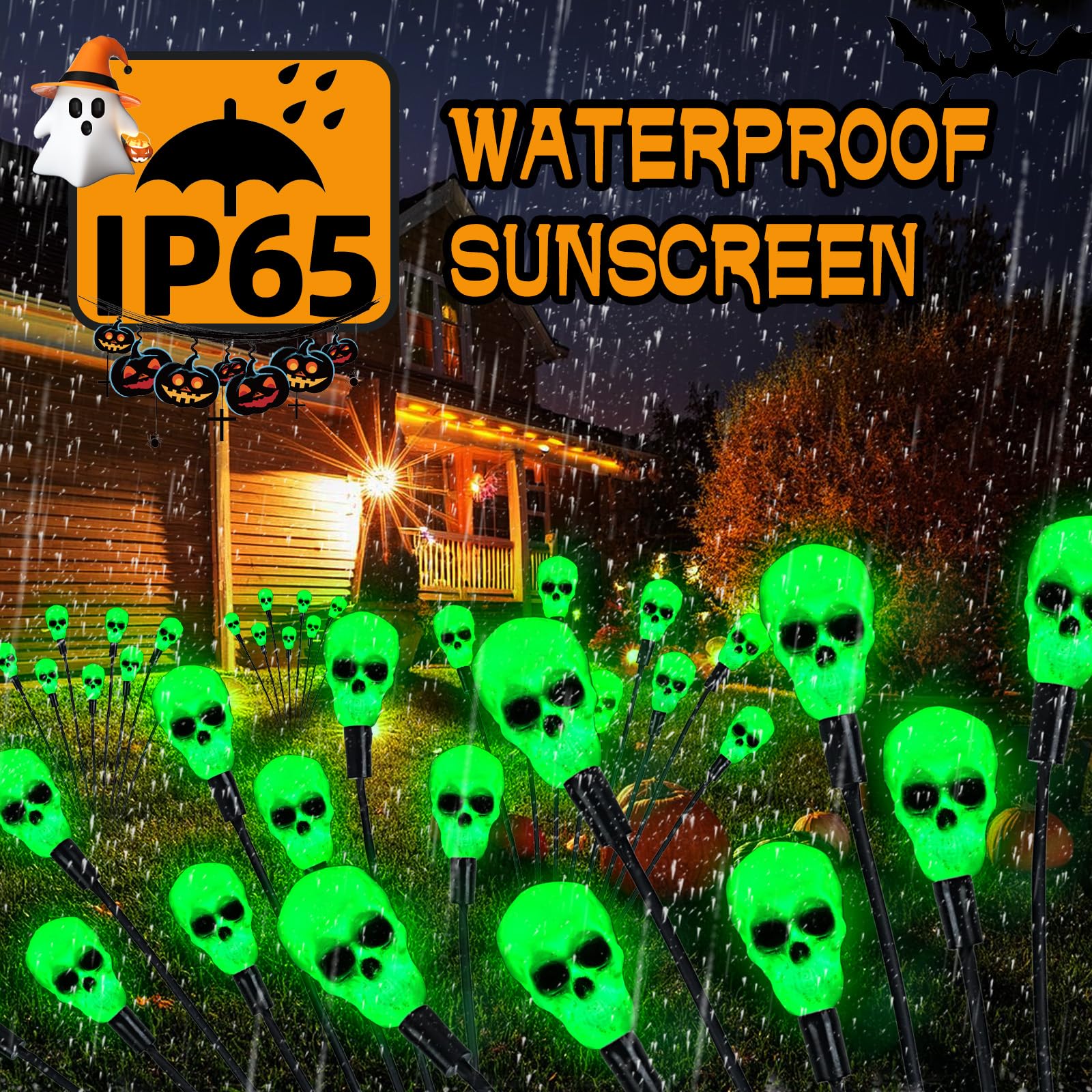 2Packs Halloween Decorations Outdoor Scary Solar Skull Lights,16Led Green Skull Swaying Firefly Lights,Waterproof Solar Halloween Path Lights For Yard/Garden/Lawn/Party Decor (Skull)