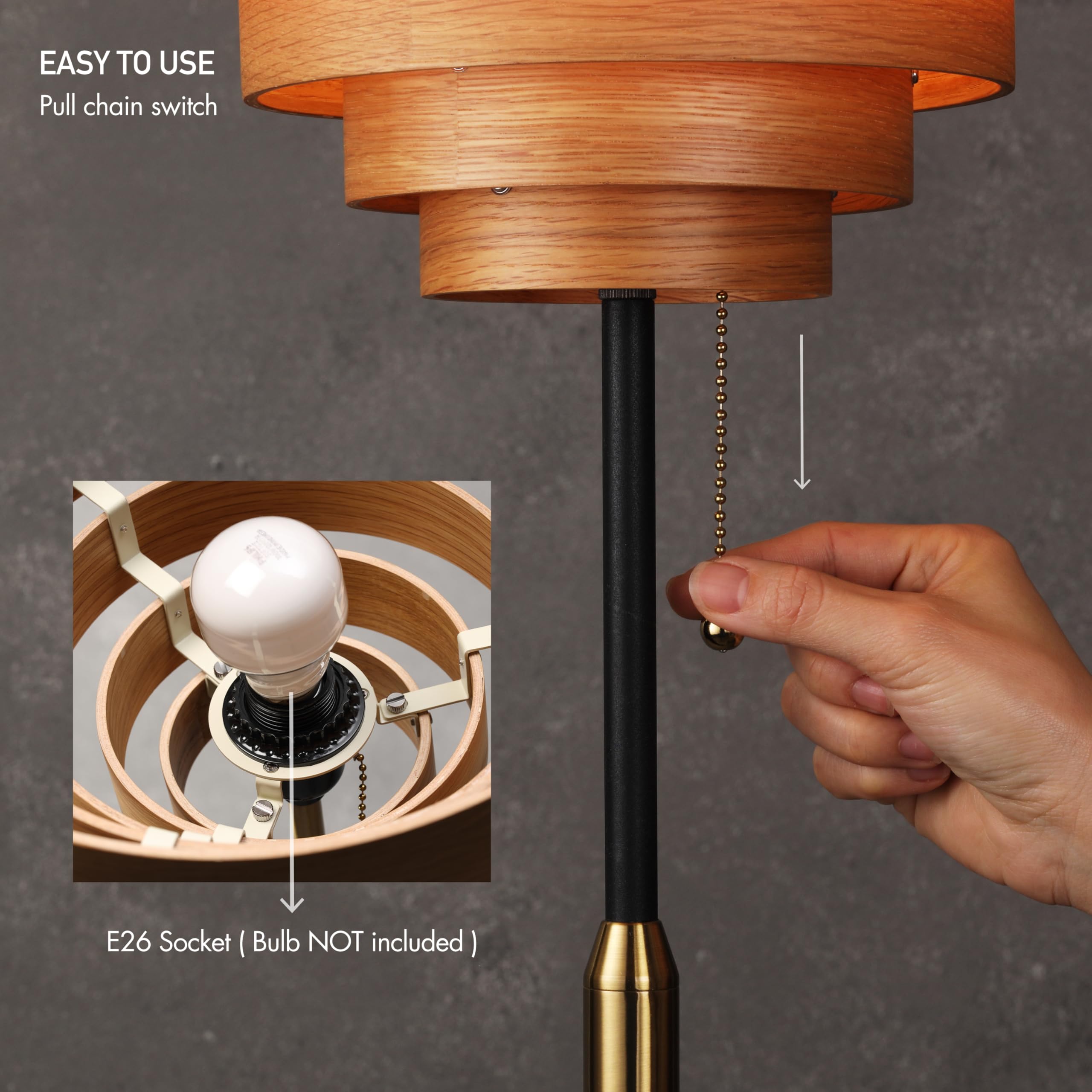 O'Bright Cascade Floor Lamp - Modern Wooden Layered Lampshade, E26 Socket, Pull Chain Switch, Metal Base, Standing Lamp For Livi