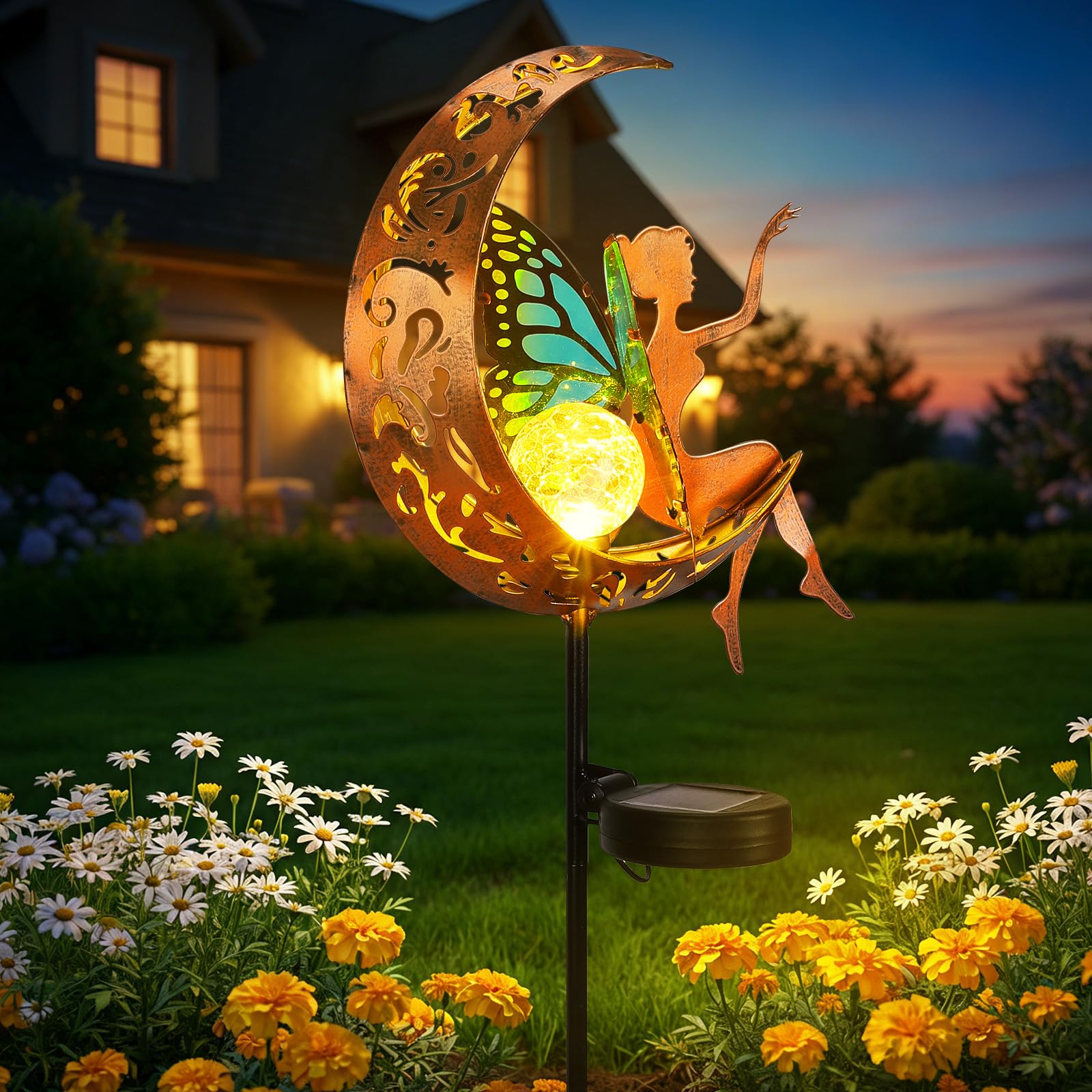 ZKLiLi Garden Outdoor Decor, Fairy Moon Figurine Light Stake, Housewarming Ornament for Patio, Lawn, Yard, Pathway - Unique Gift