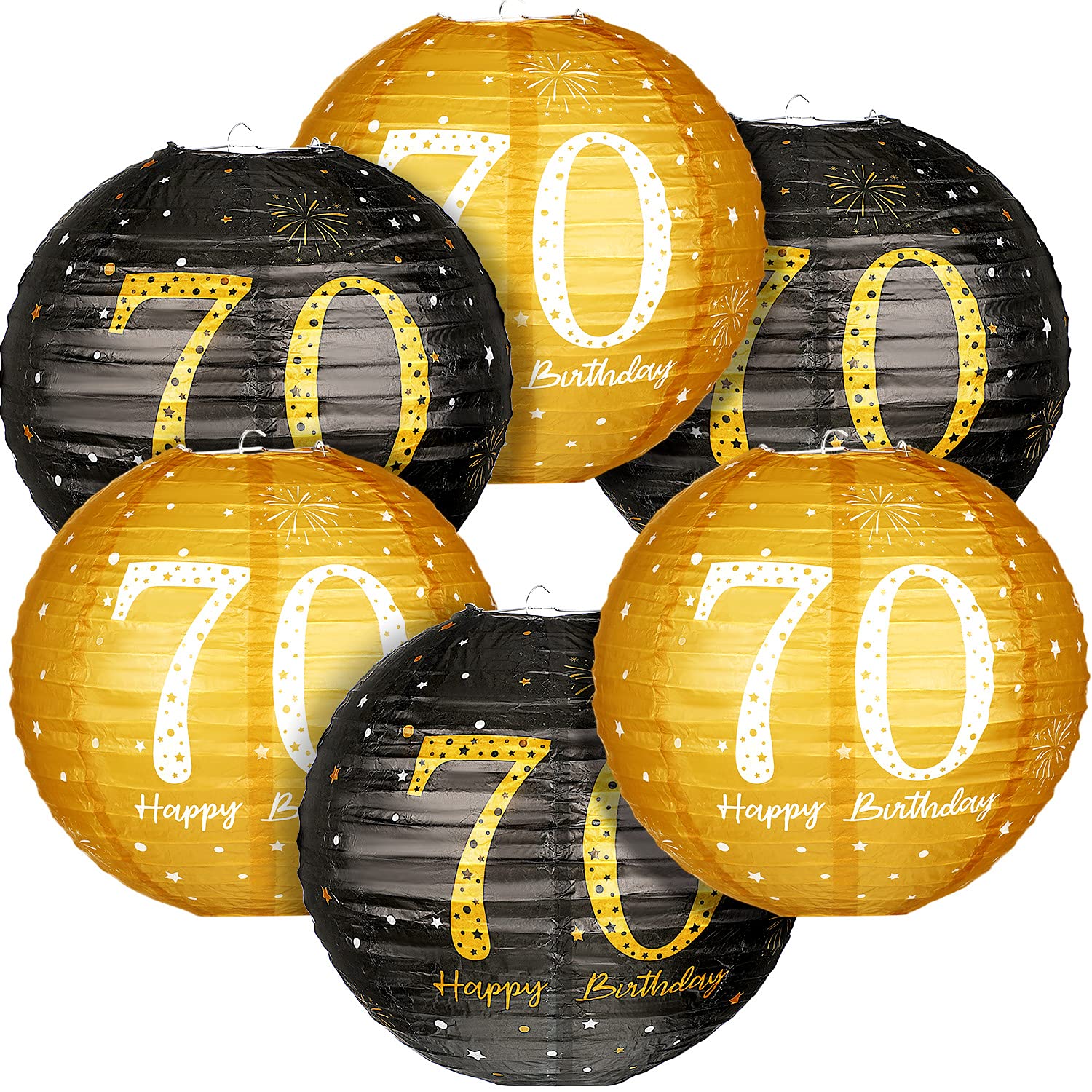 Blulu 6 Pieces Birthday Party Decorations - Hanging Paper Lanterns, Black Gold Glittery, 70th Style, Anniversary Sign