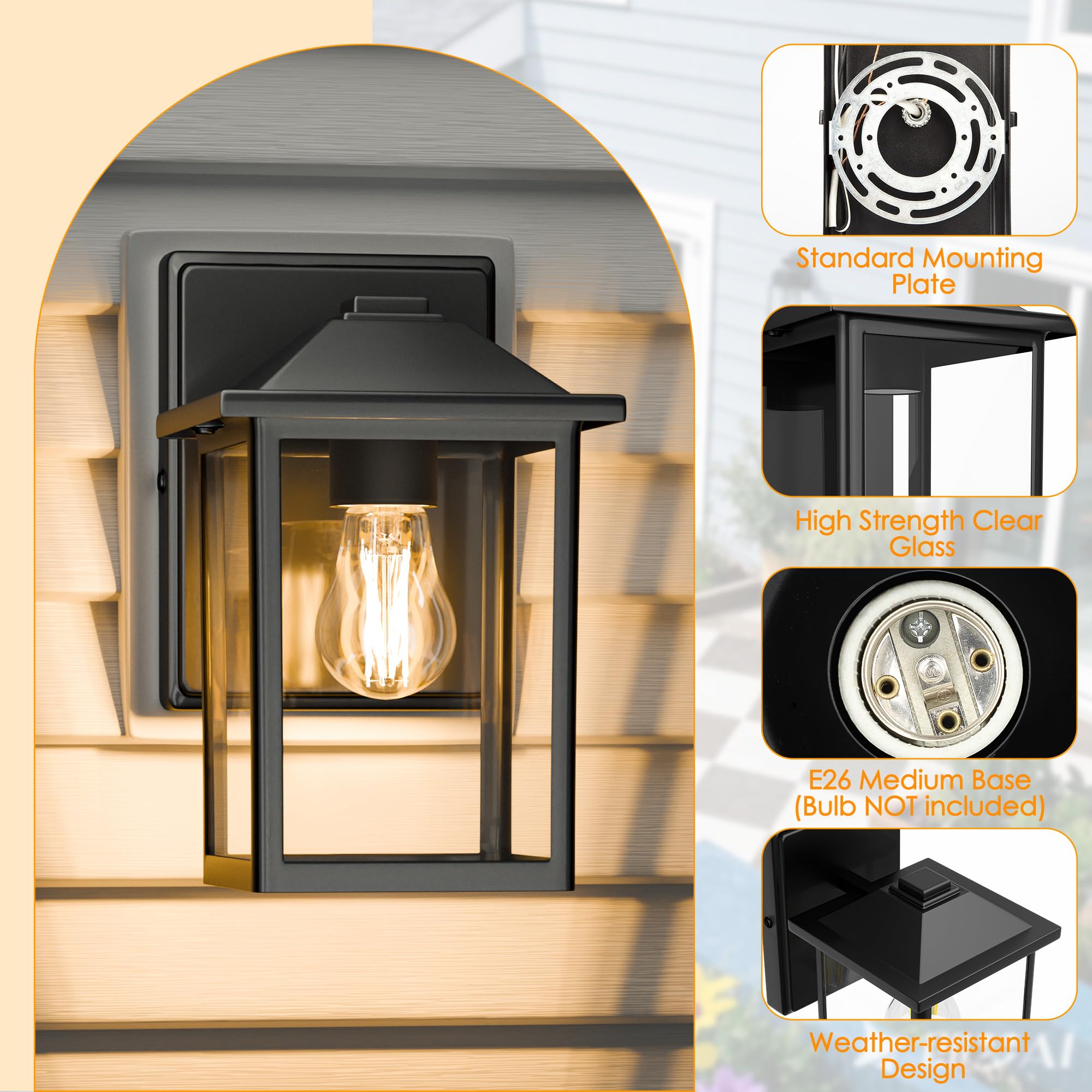 Matameye Outdoor Wall Lantern  Exterior Waterproof Wall Sconce Light Fixture  Black Front Door Mounted Lighting With Clear Glass  Anti-Rust Porch Lamp